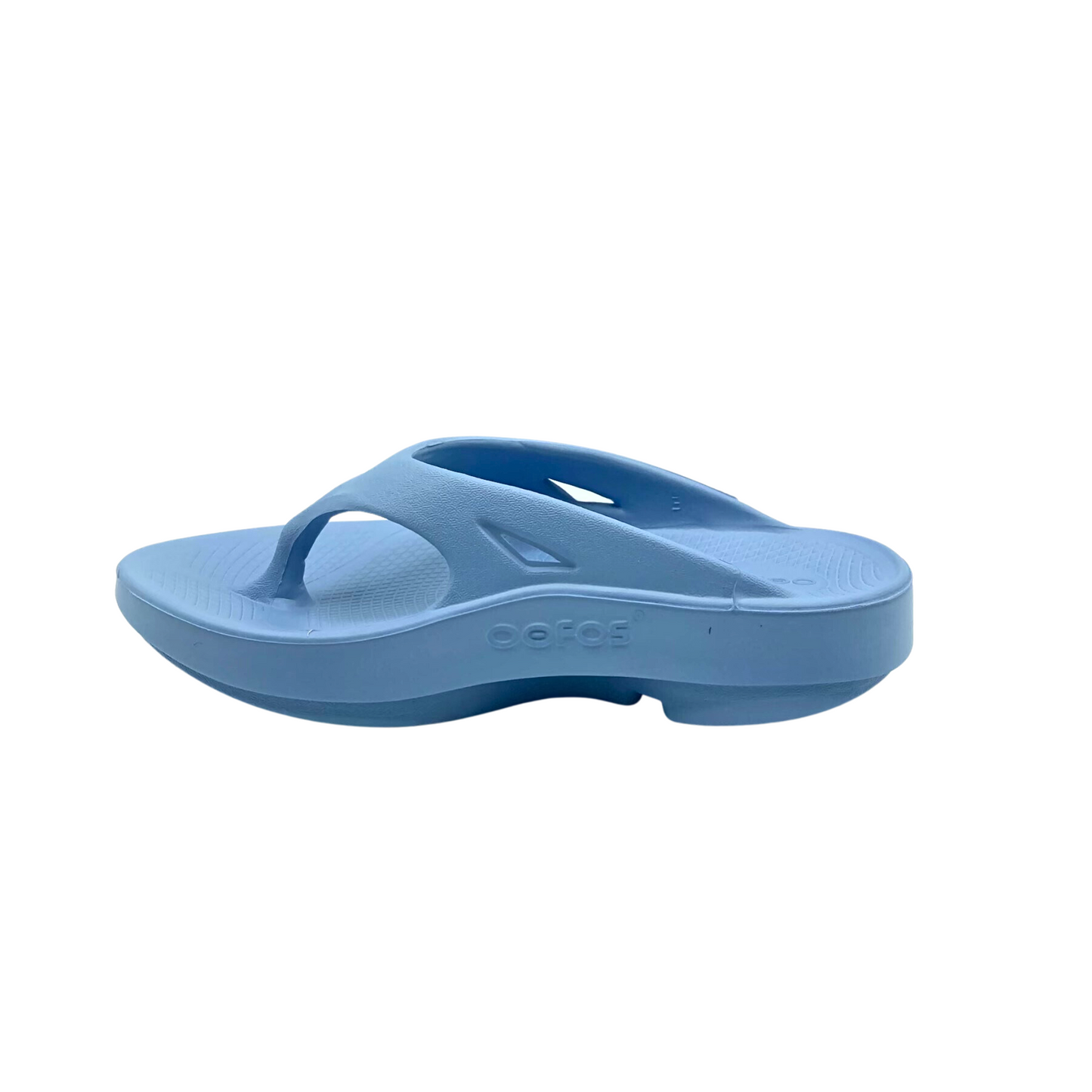 Inside view of foam sandal with toe post. Anatomical footbed with fantastic arch support and heel cradle