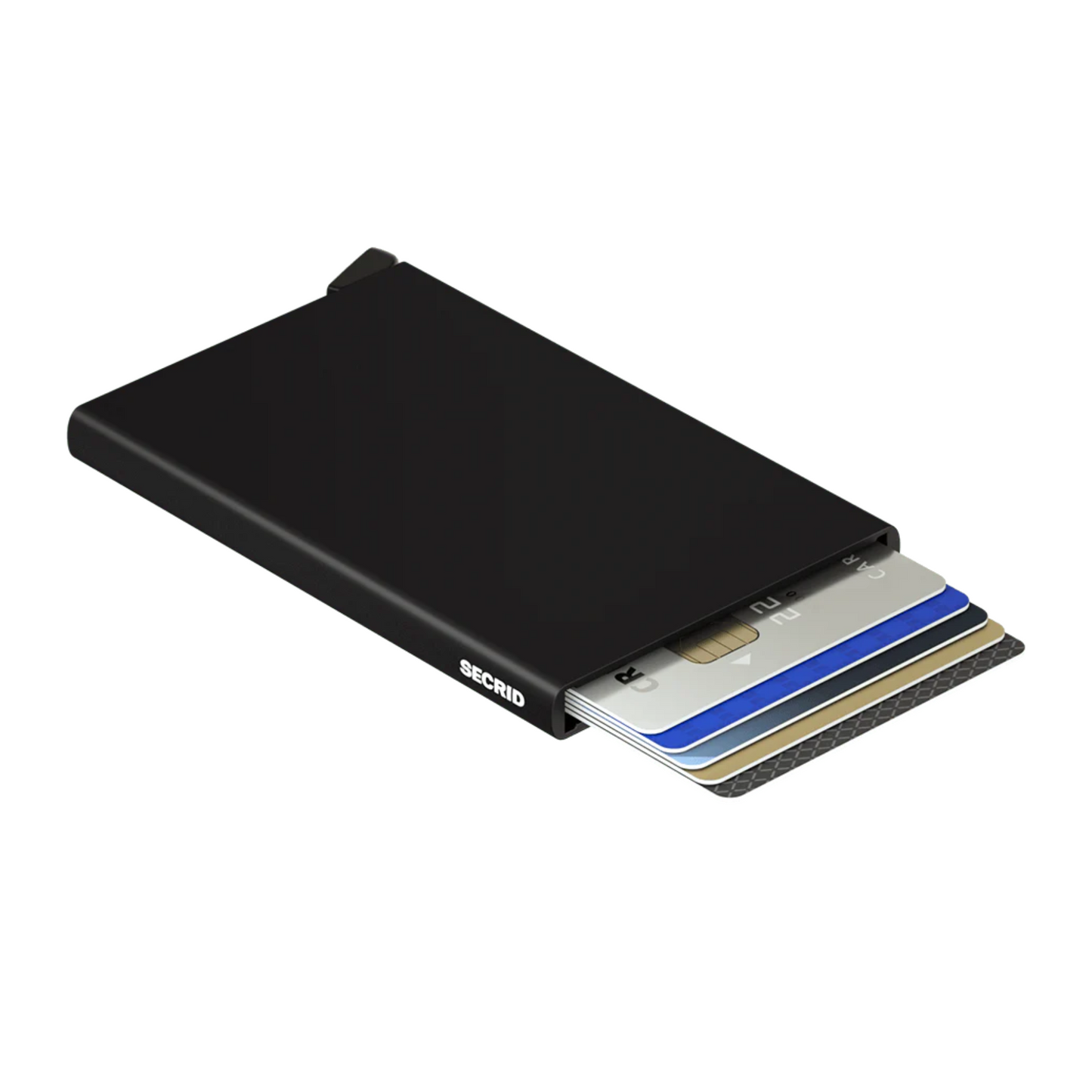 Metallic black wallet is laying on its side with 6 cards shown in the holder. It has a black bottom tab and small white logo on side.
