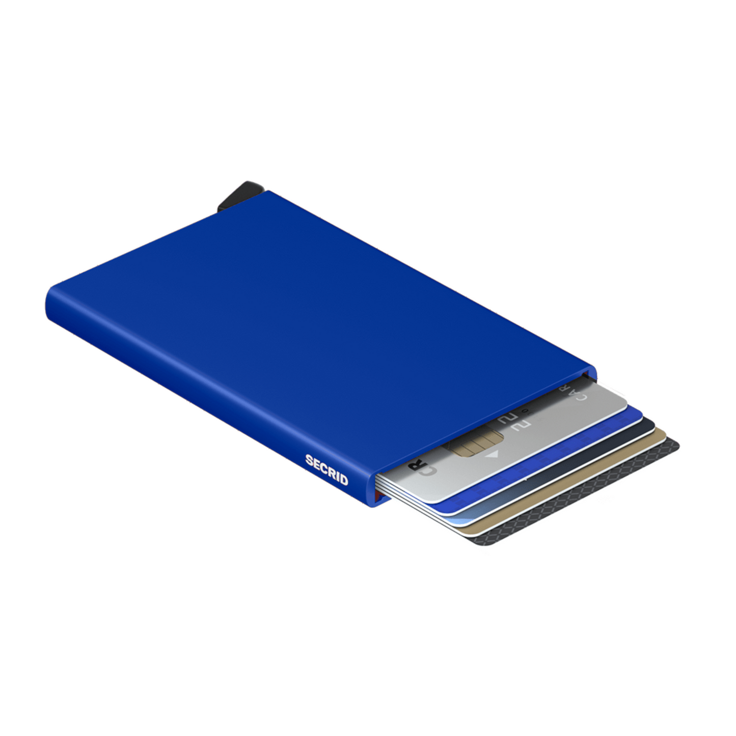 Metallic blue wallet is laying on its side with 6 cards shown in the holder. It has a black bottom tab and small white logo on side.