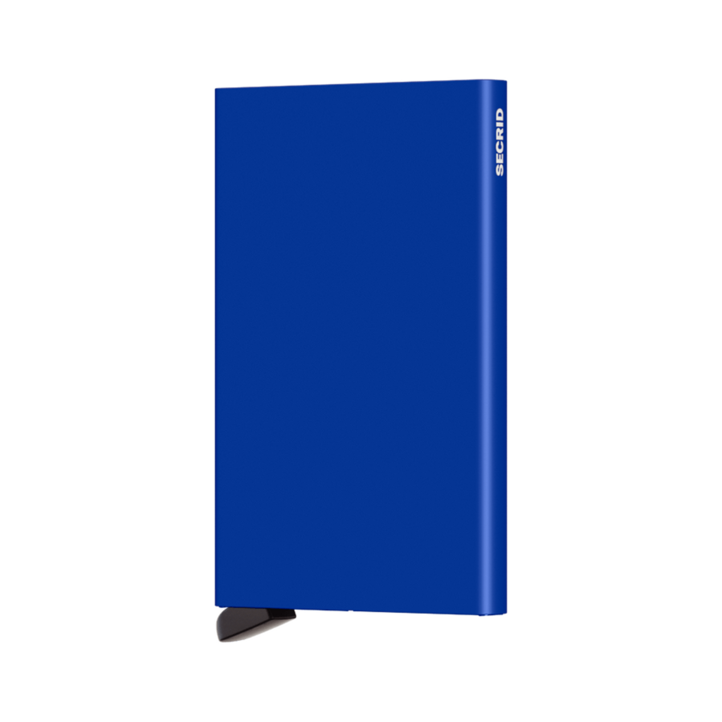 Metallic blue rectangular wallet with black bottom tab and small white logo on side.