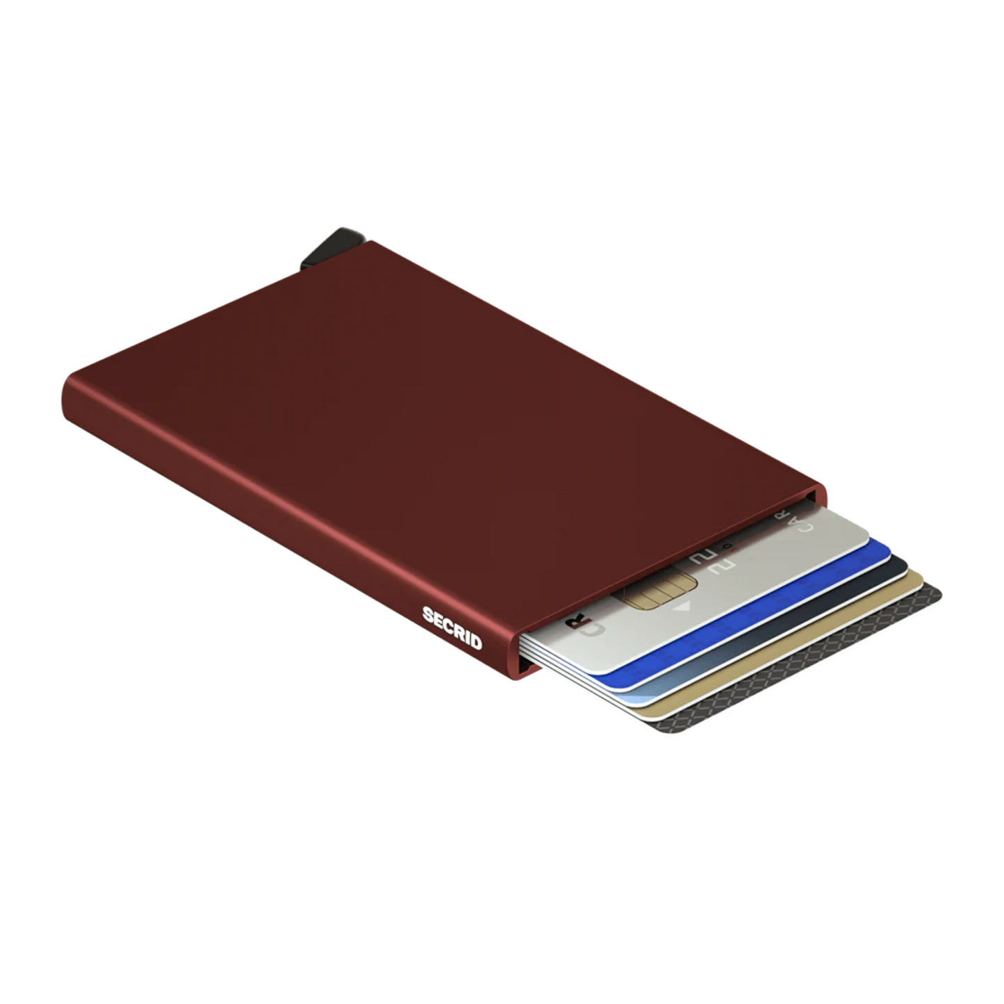 Metallic burgundy wallet is laying on its side with 6 cards shown in the holder. It has a black bottom tab and small white logo on side.