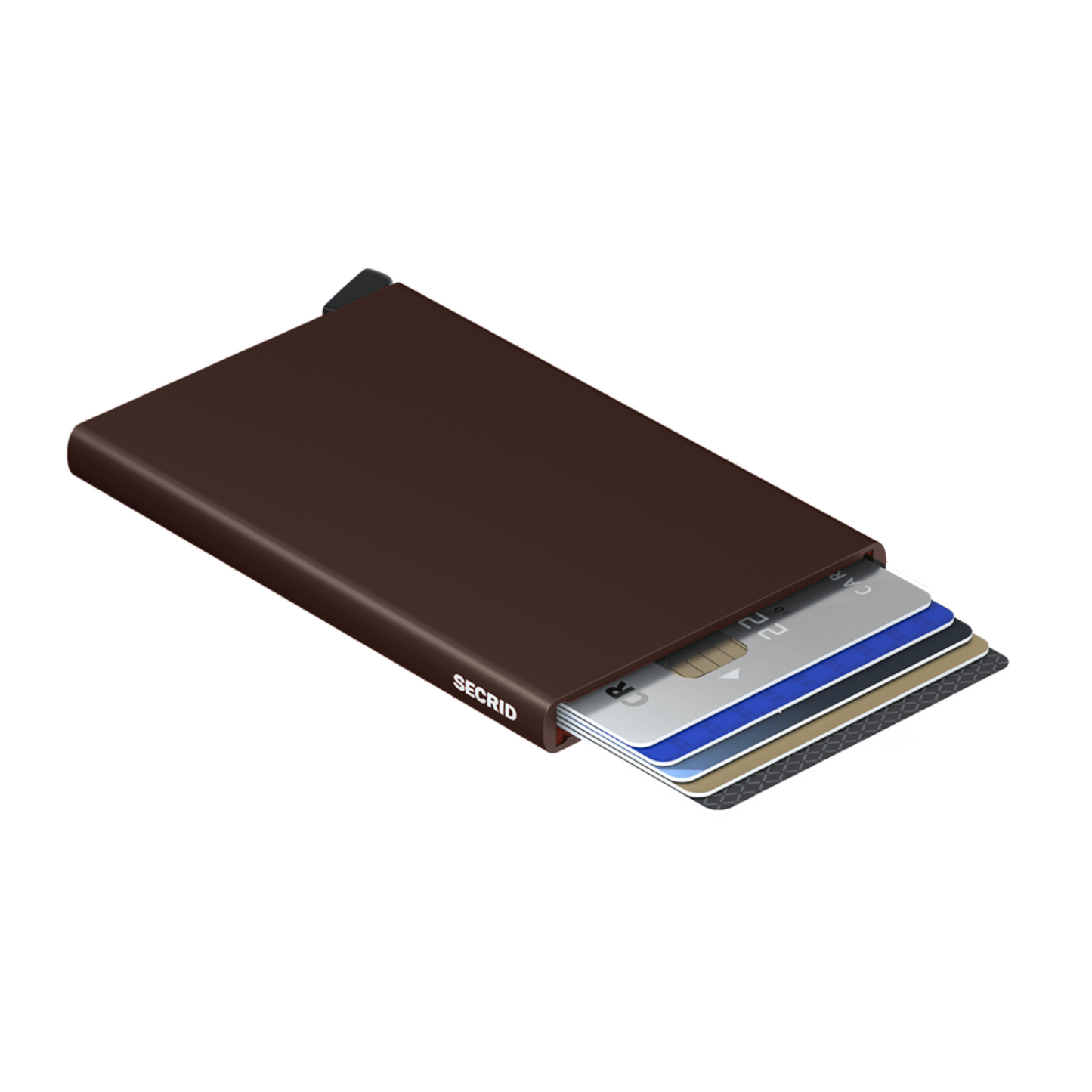 Metallic dark brown wallet is laying on its side with 6 cards shown in the holder. It has a black bottom tab and small white logo on side.