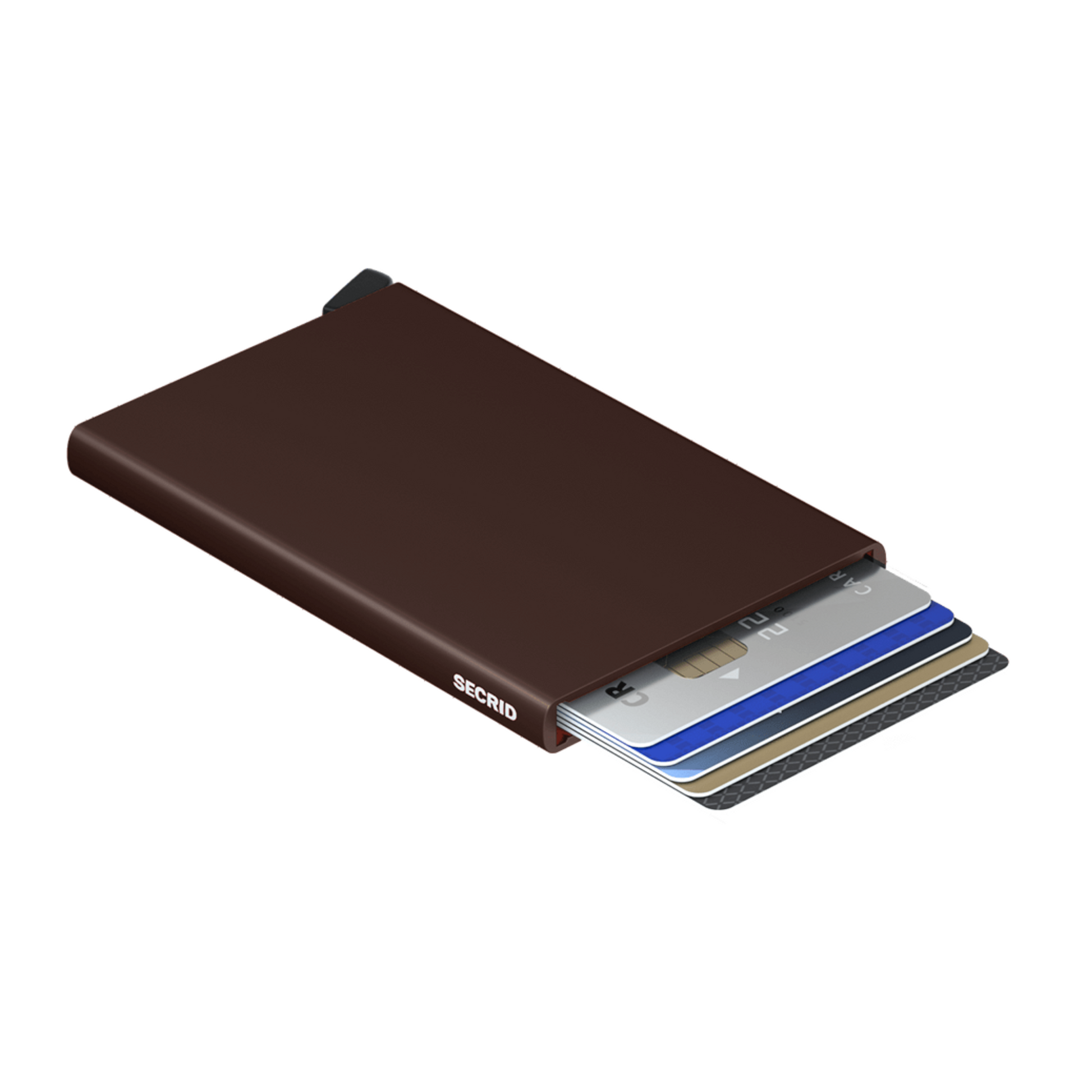 Metallic dark brown wallet is laying on its side with 6 cards shown in the holder. It has a black bottom tab and small white logo on side.