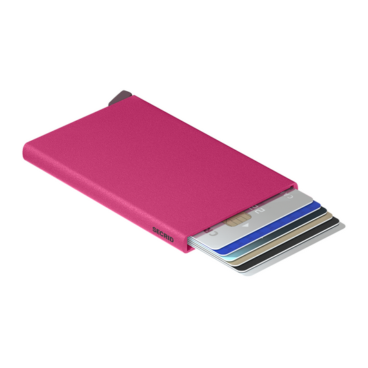 Textured pink rectangular wallet is laying on its side with 6 cards shown in the holder. It has a maroon bottom tab and small grey logo on side.