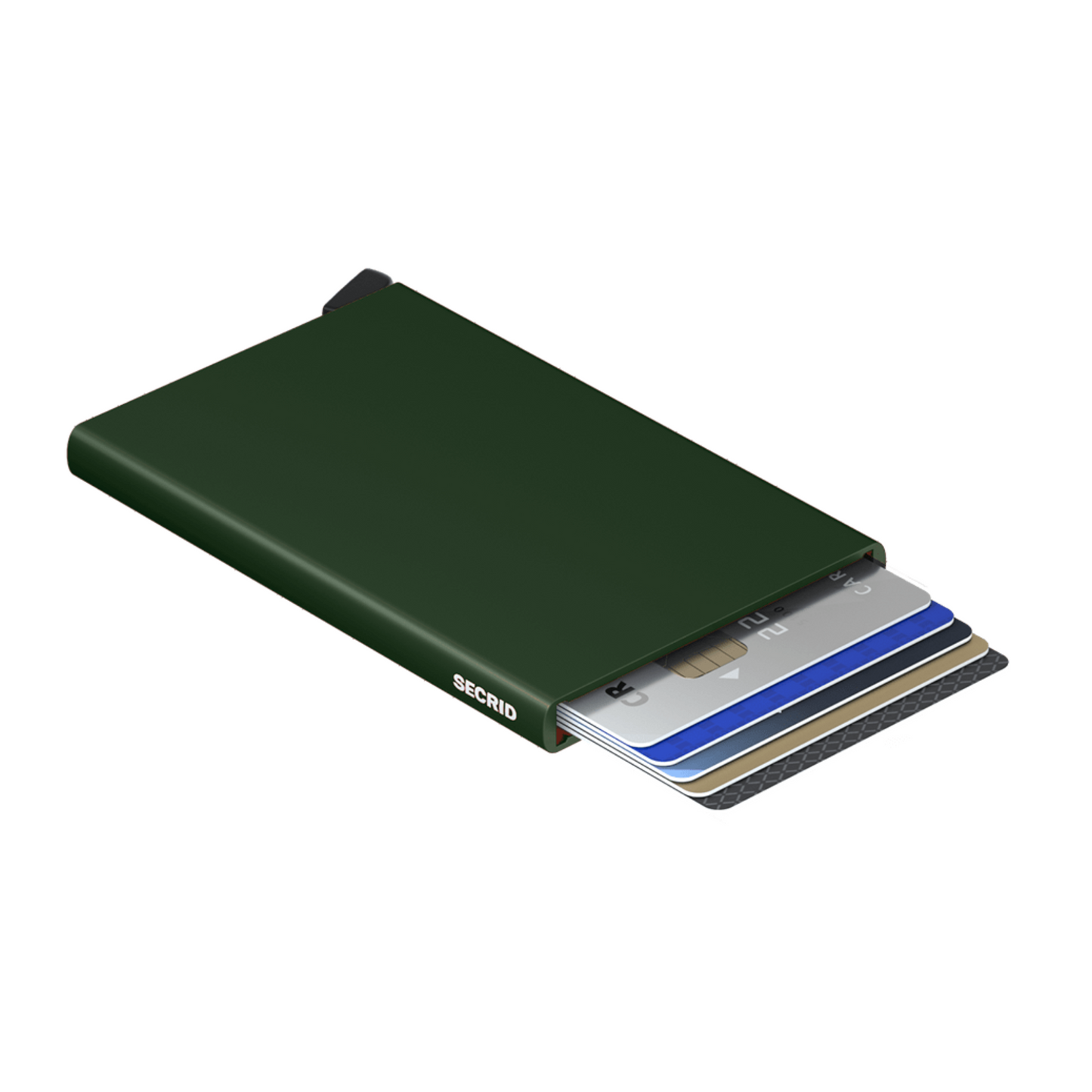Metallic dark green wallet is laying on its side with 6 cards shown in the holder. It has a black bottom tab and small white logo on side.