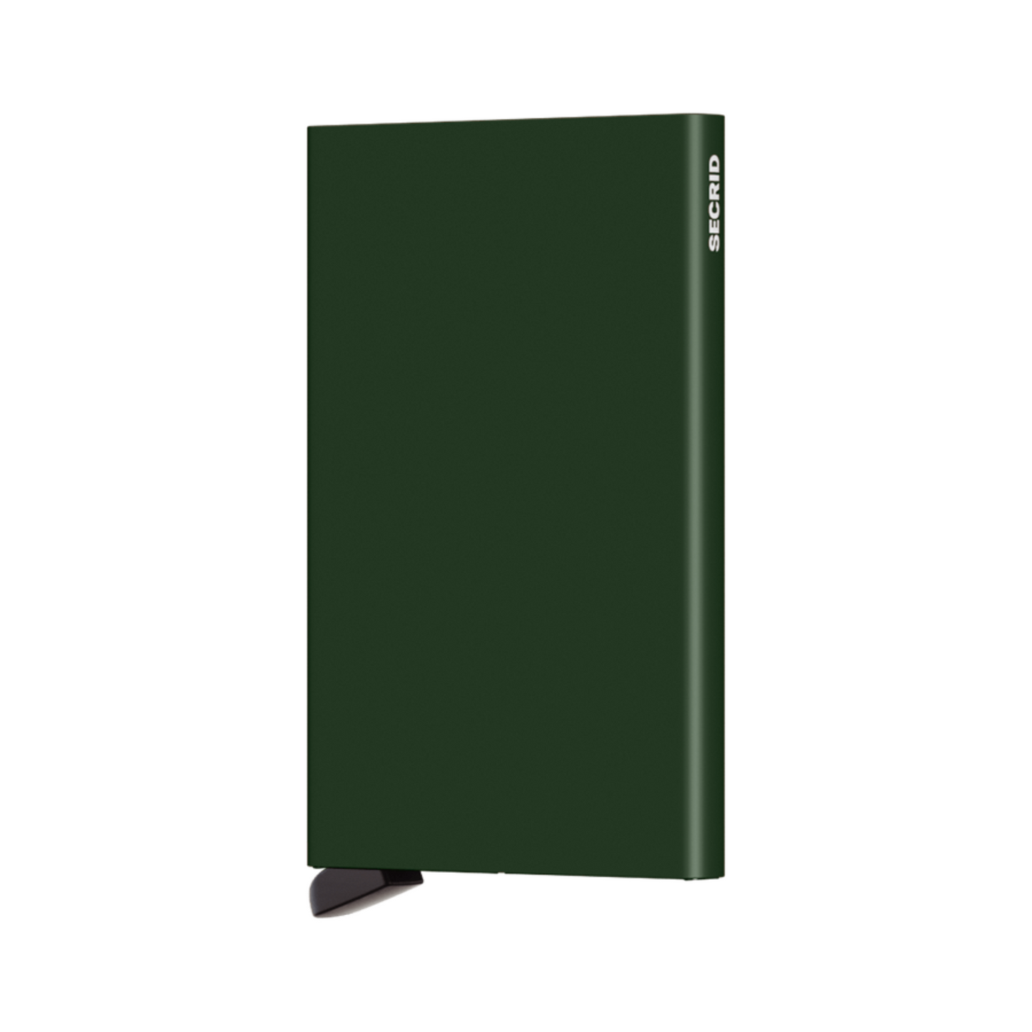 Metallic dark green rectangular wallet with black bottom tab and small white logo on side.