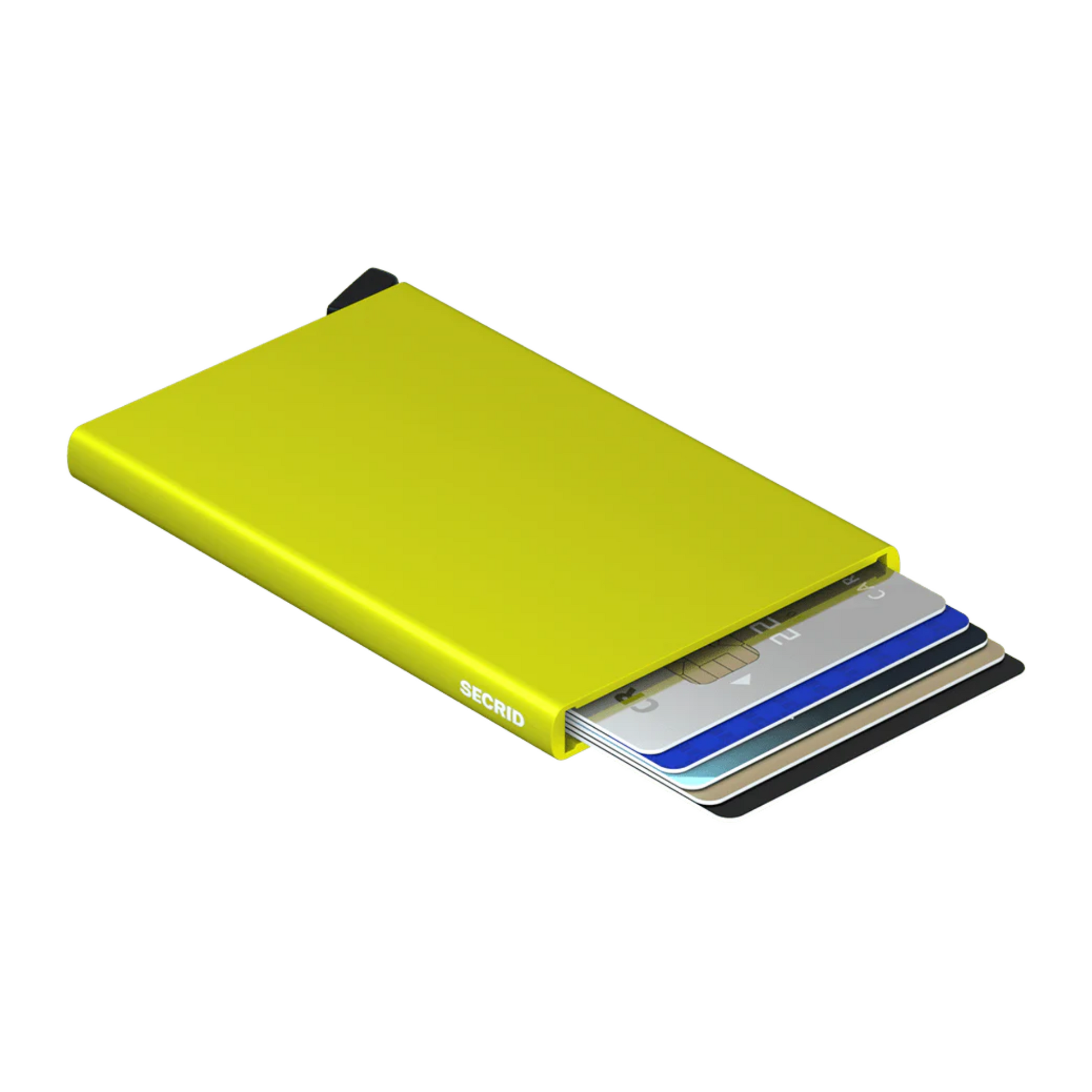 Metallic chartreuse wallet is laying on its side with 6 cards shown in the holder. It has a black bottom tab and small white logo on side.