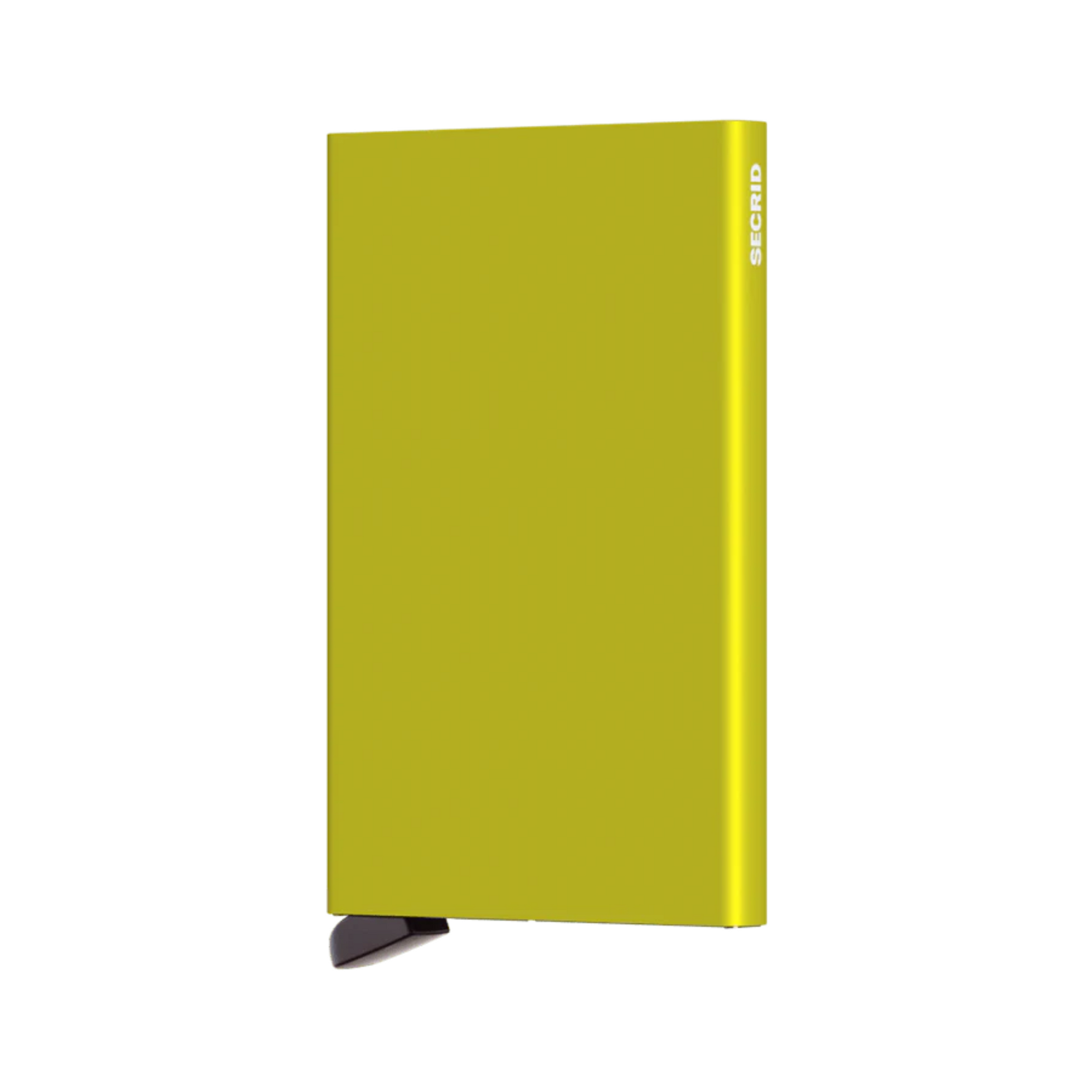 Metallic chartreuse rectangular wallet with black bottom tab and small white logo on side.
