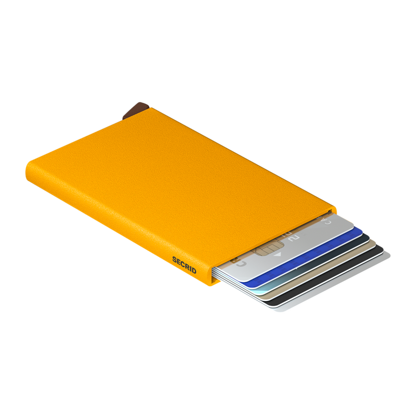 Textured warm yellow rectangular wallet is laying on its side with 6 cards shown in the holder. It has a maroon bottom tab and small grey logo on side.