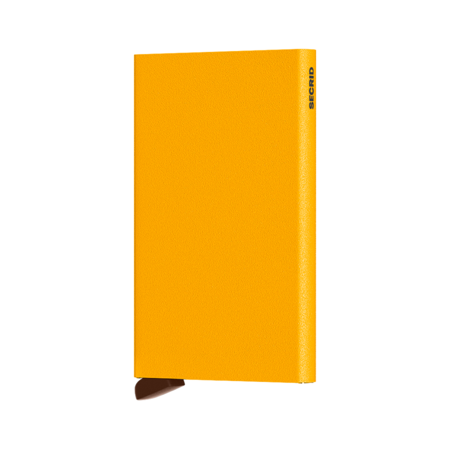 Textured warm yellow rectangular wallet with maroon bottom tab and small grey logo on side.