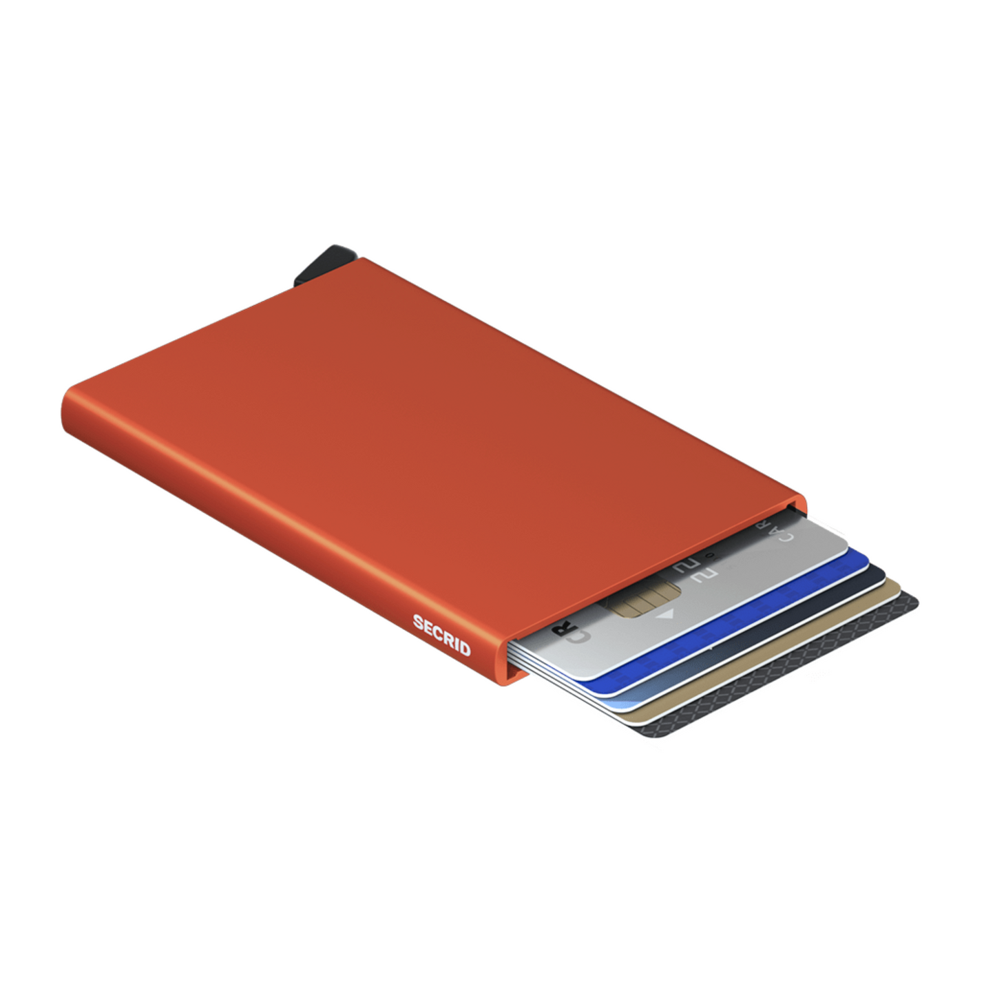 Metallic orange wallet is laying on its side with 6 cards shown in the holder. It has a black bottom tab and small white logo on side.