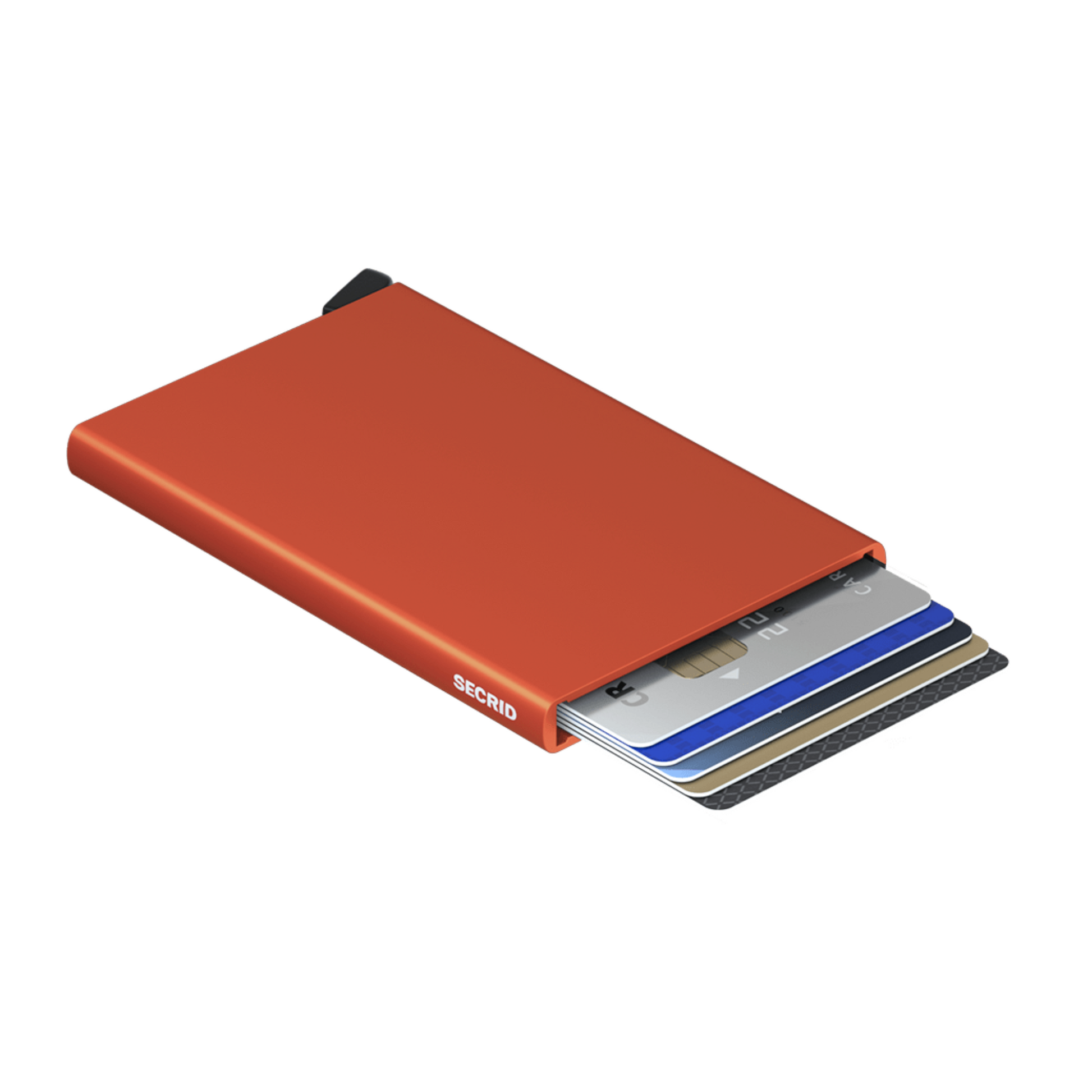 Metallic orange wallet is laying on its side with 6 cards shown in the holder. It has a black bottom tab and small white logo on side.