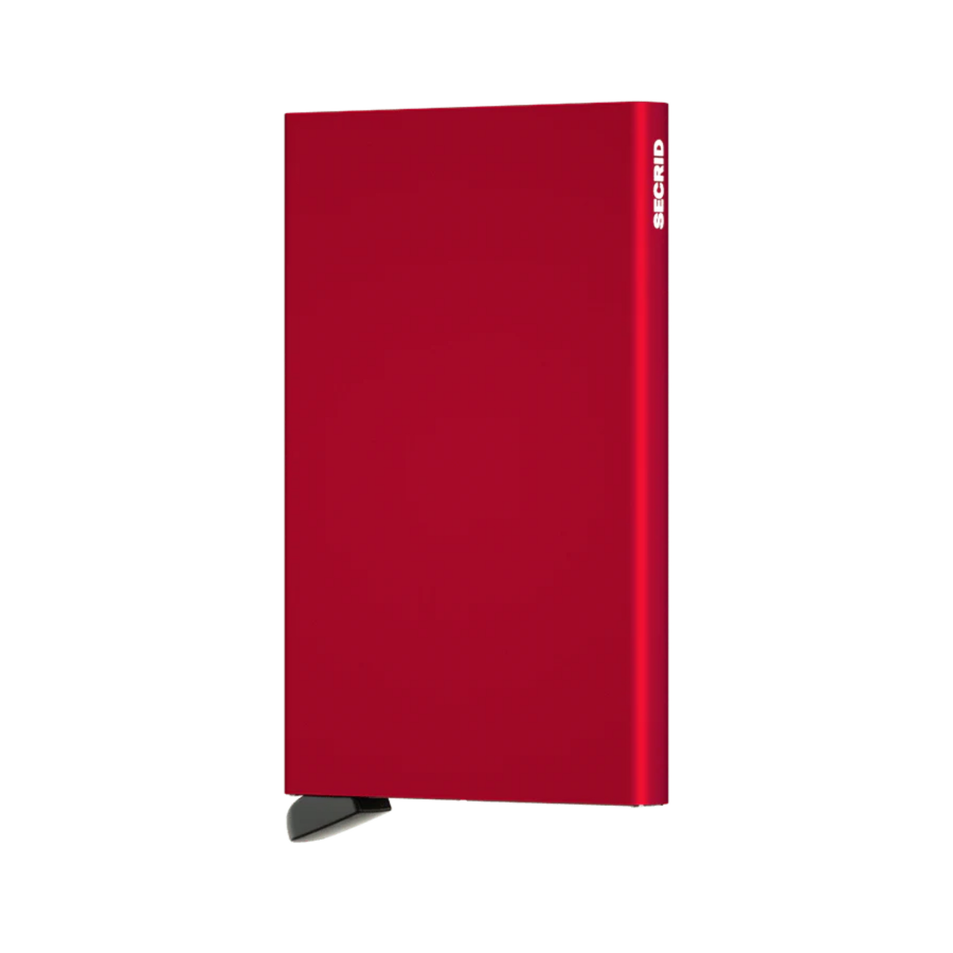 Metallic red rectangular wallet with black bottom tab and small white logo on side.