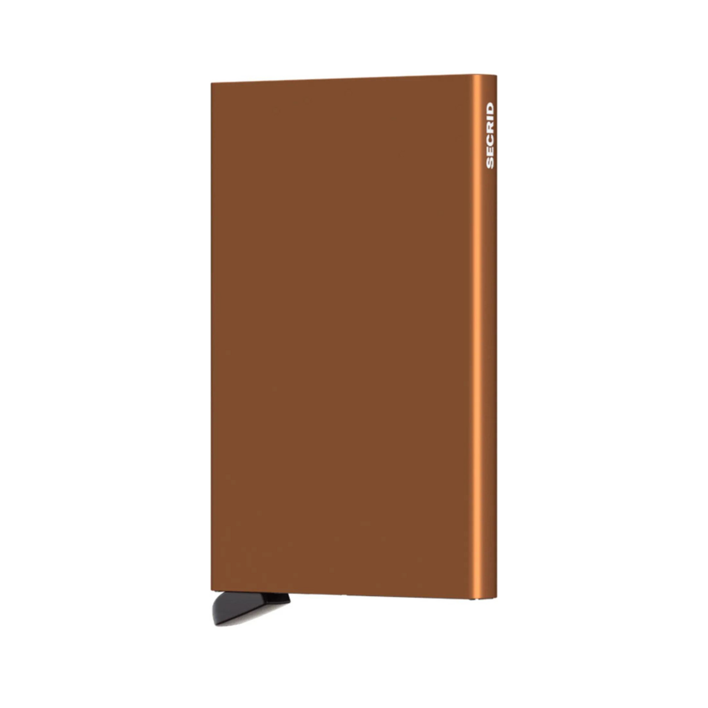 Metallic light brown rectangular wallet with black bottom tab and small white logo on side.