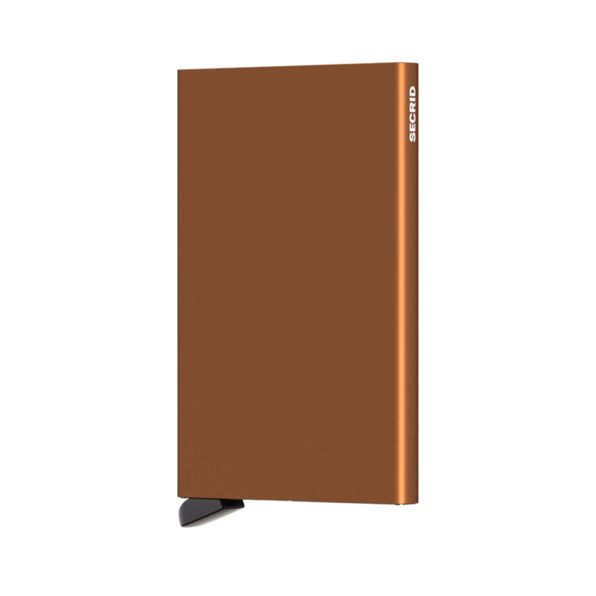 Metallic light brown rectangular wallet with black bottom tab and small white logo on side.