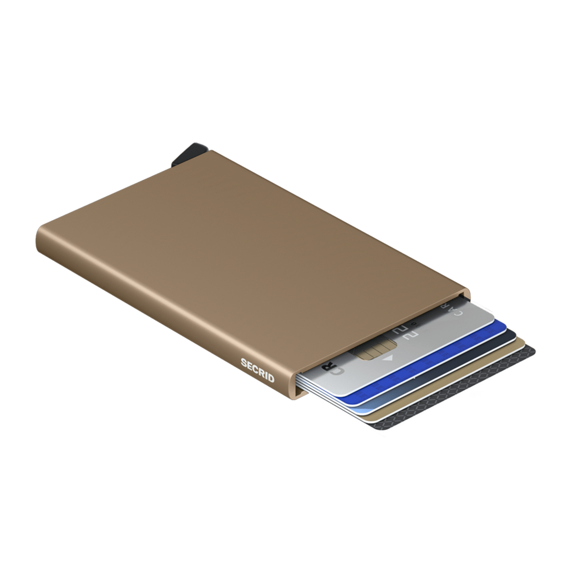 Metallic beige wallet is laying on its side with 6 cards shown in the holder. It has a black bottom tab and small white logo on side.