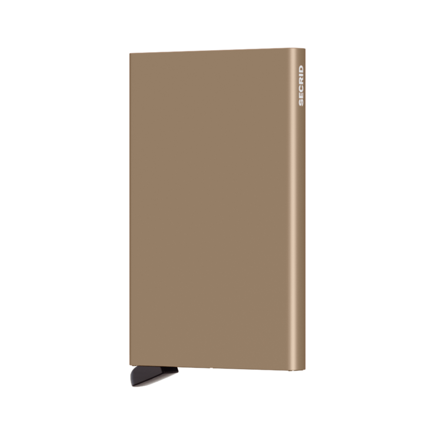 Metallic beige rectangular wallet with black bottom tab and small white logo on side.