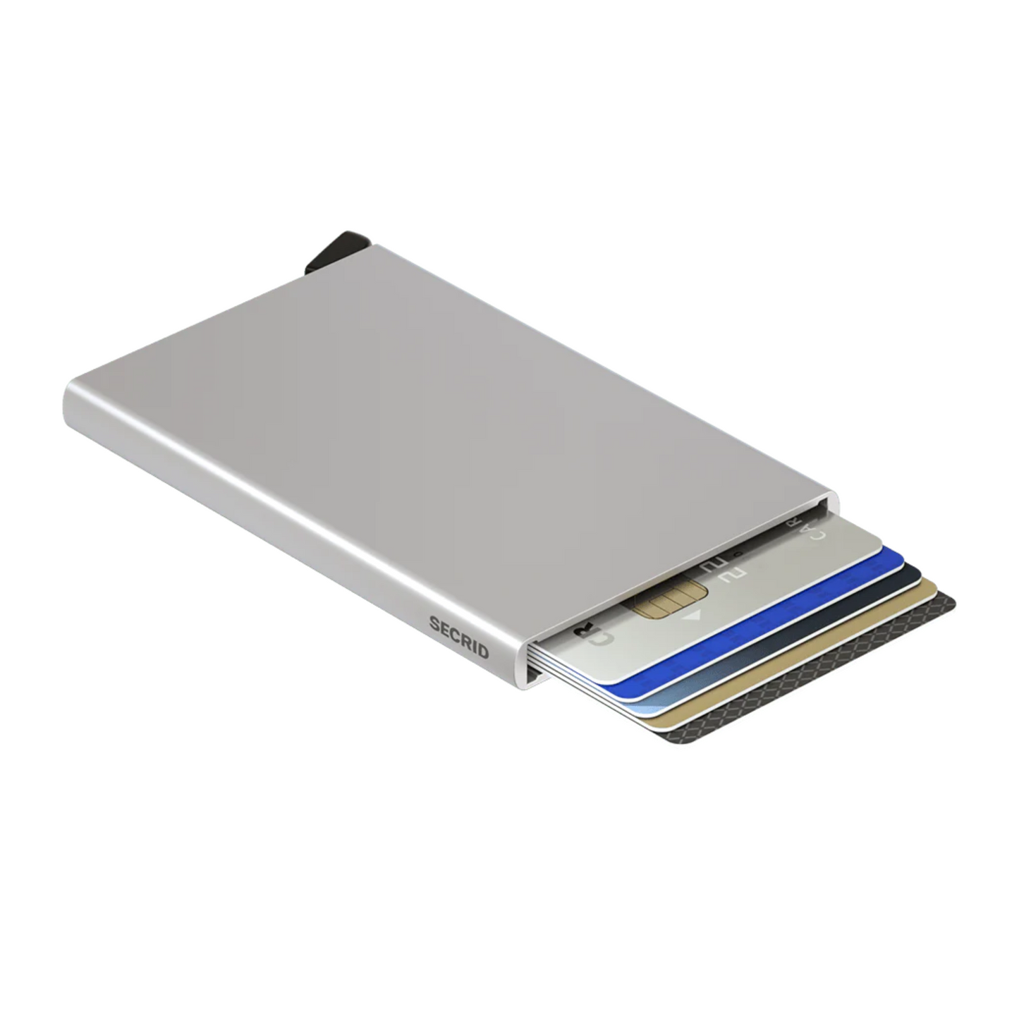 Metallic silver wallet is laying on its side with 6 cards shown in the holder. It has a black bottom tab and small grey logo on side.