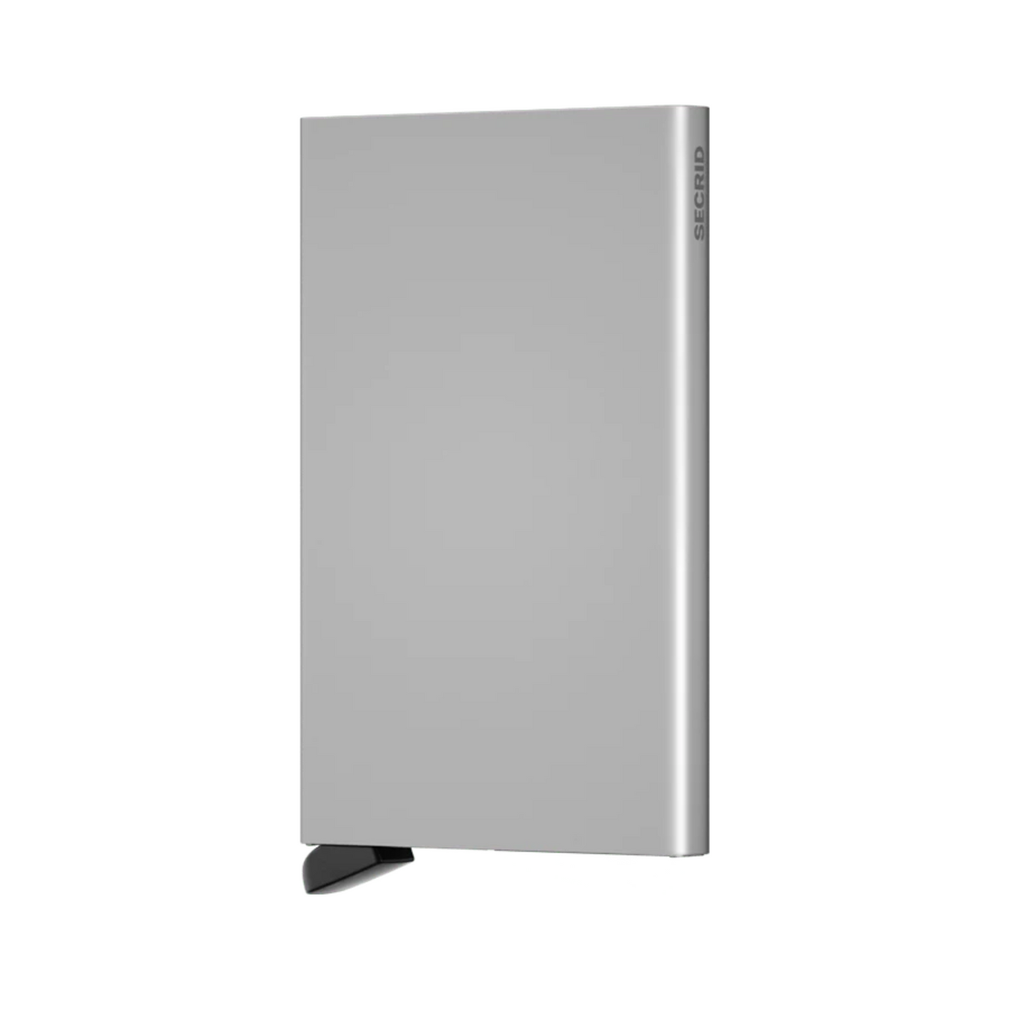 Metallic silver rectangular wallet with black bottom tab and small grey logo on side.