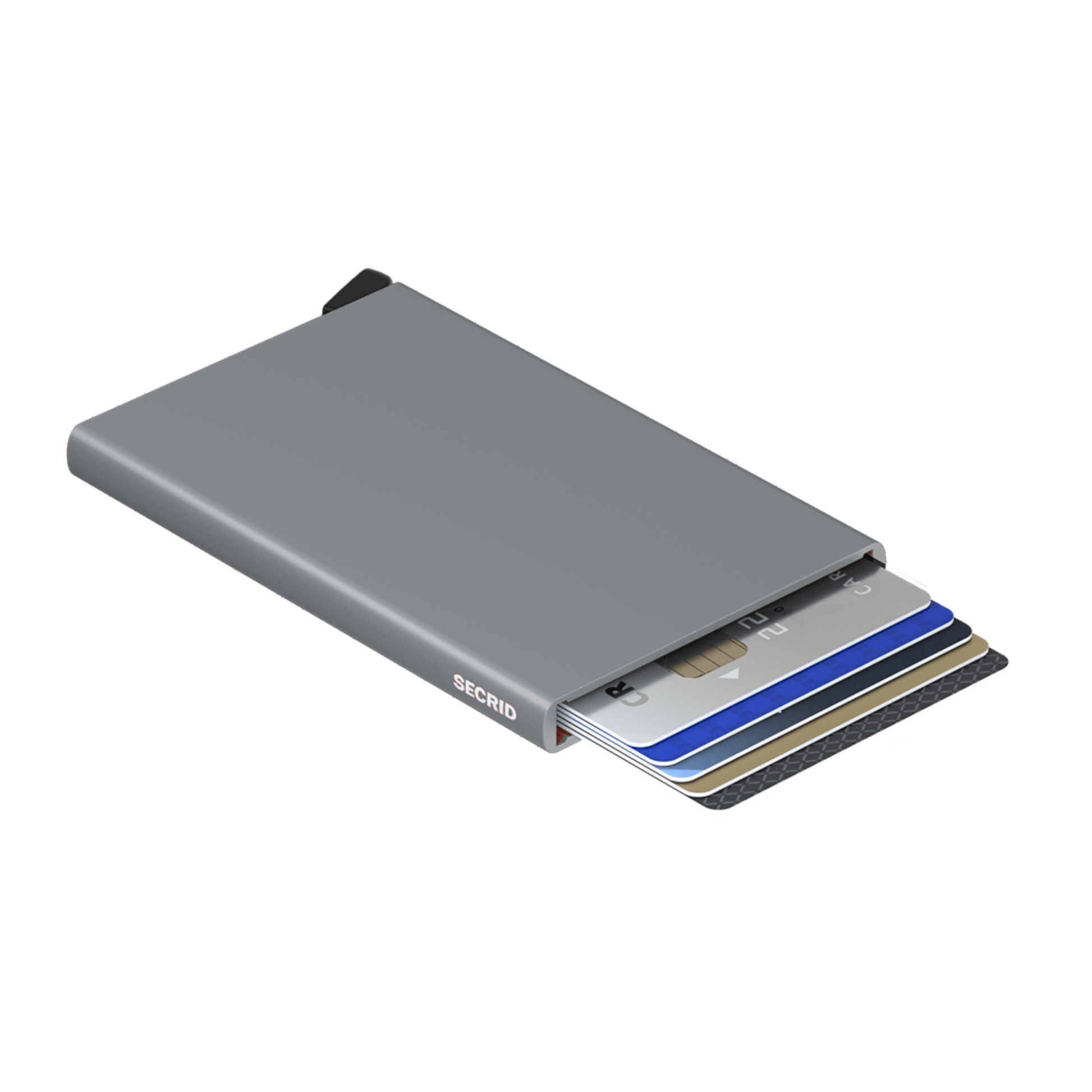 Metallic silver grey wallet is laying on its side with 6 cards shown in the holder. It has a black bottom tab and small white logo on side.