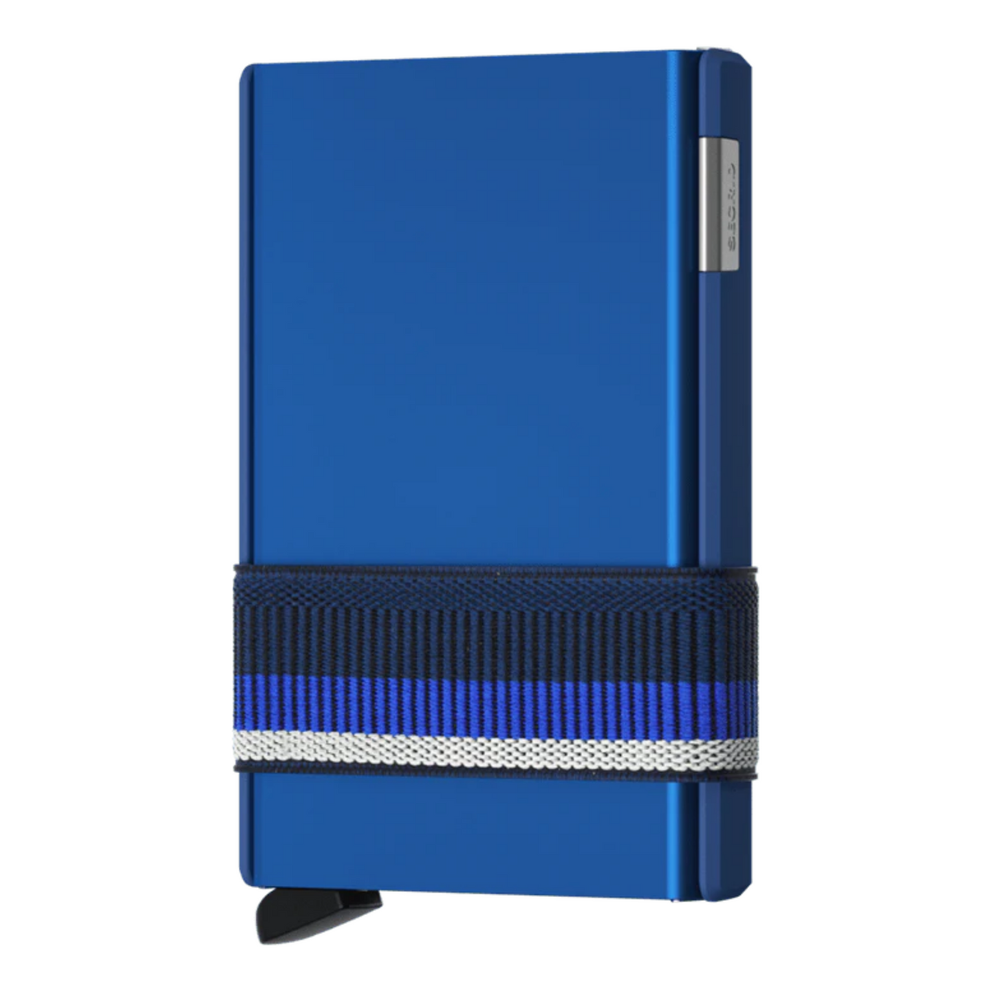 Blue metallic wallet with lighter blue front and darker blue side. A 3 colour, white blue and navy striped elastic band holds the wallet together.