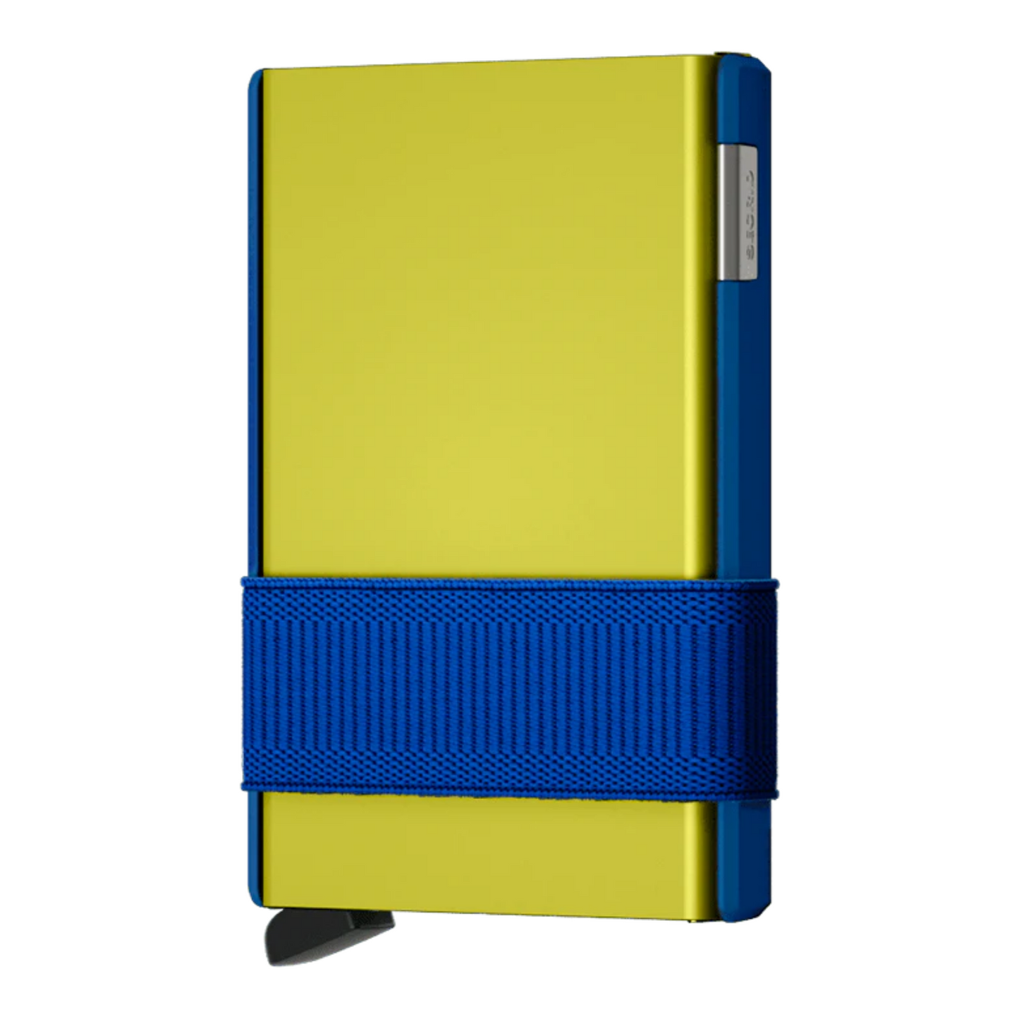 Lime green sliding wallet in metal finish with blue sides and a blue elastic band.