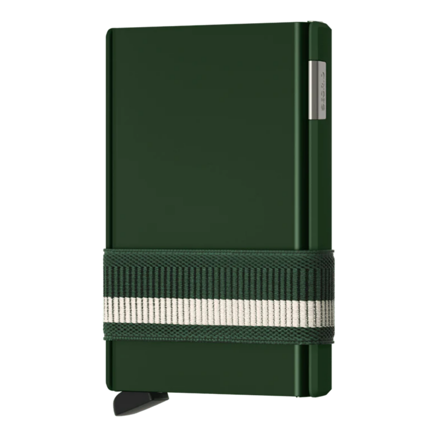 Green metallic sliding wallet with green and white stripe elastic band.
