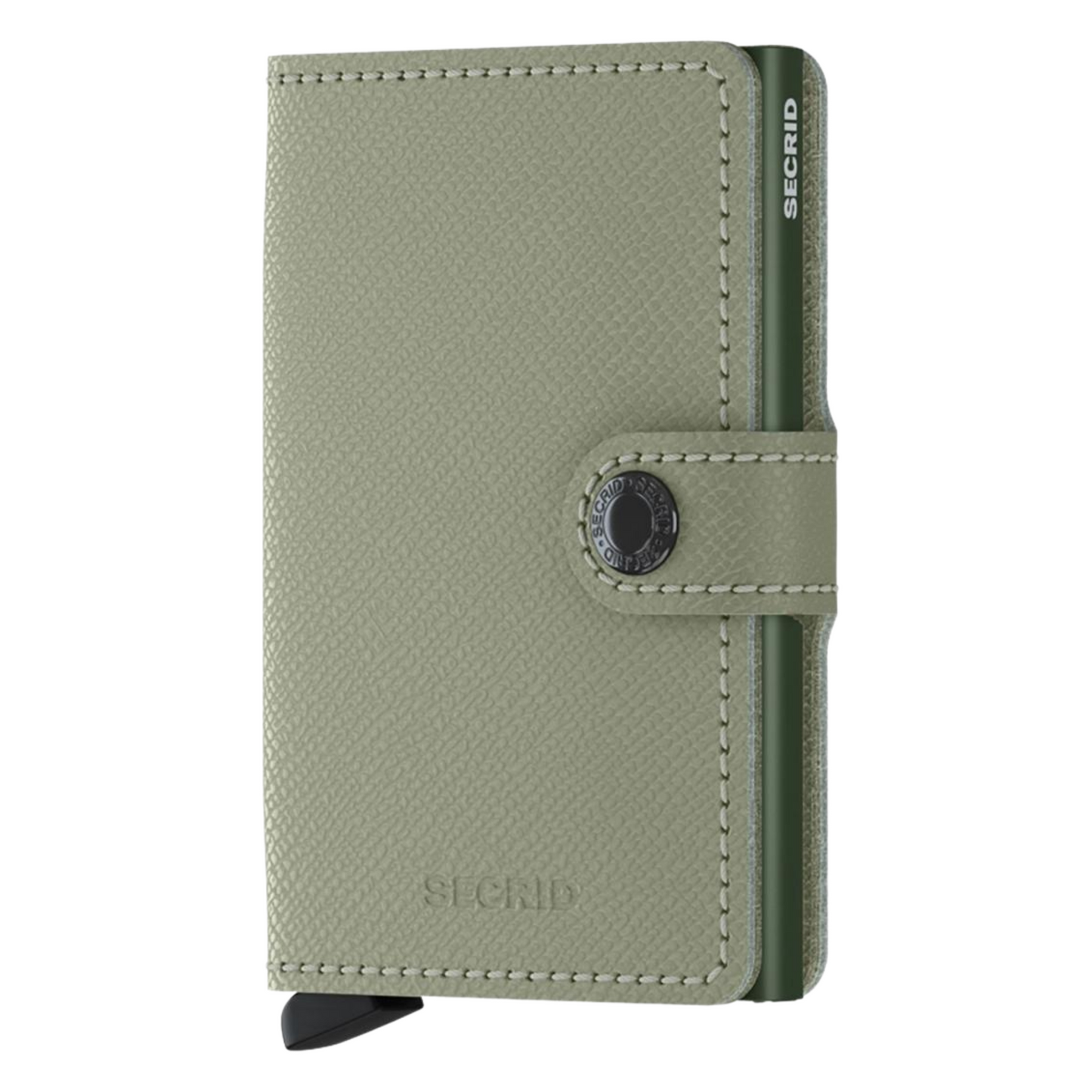 A green textuerd wallet is pictured with green metallic inner cardholder and a button closure.