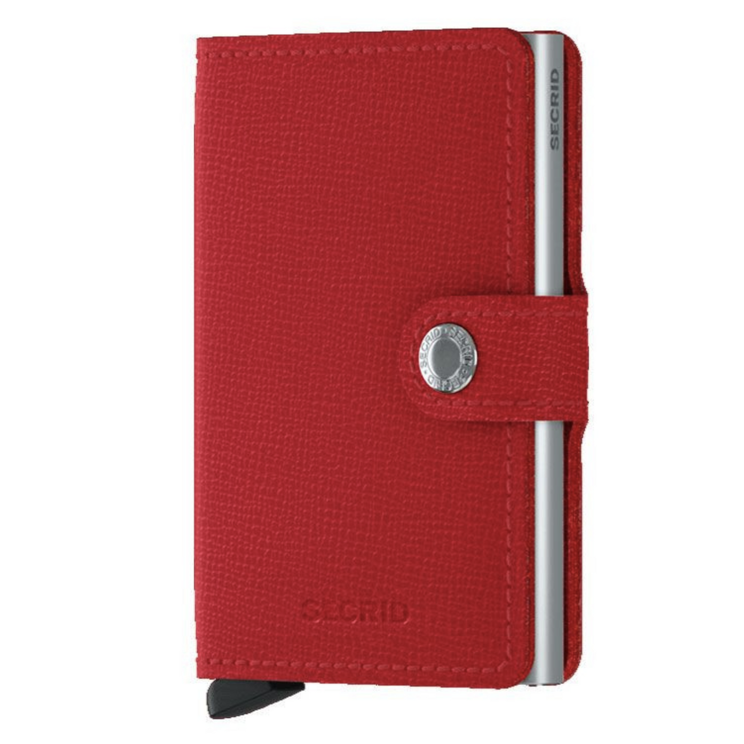 A photo of the wallet in the colour crisple red. This photo shows the texture of the wallet and the strap to secure it closed.