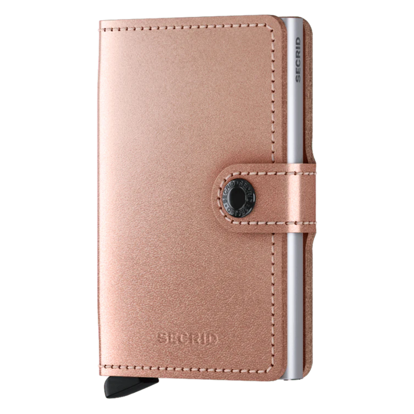 A reflective pink wallet is pictured with silver metallic inner cardholder and a button closure.