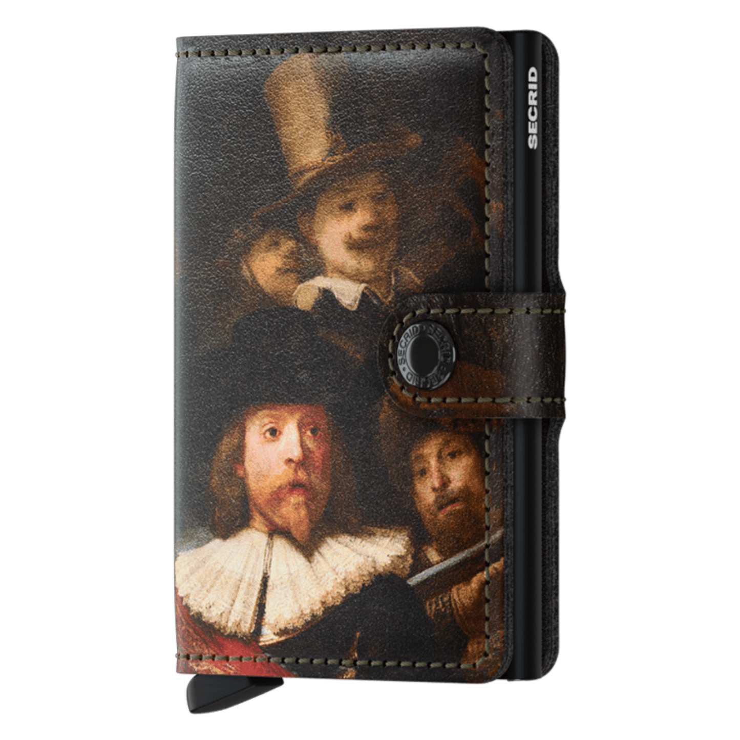 A wallet featuring Rembrandt's "The Night Watch" is pictured with black metal inner and brown button closure.