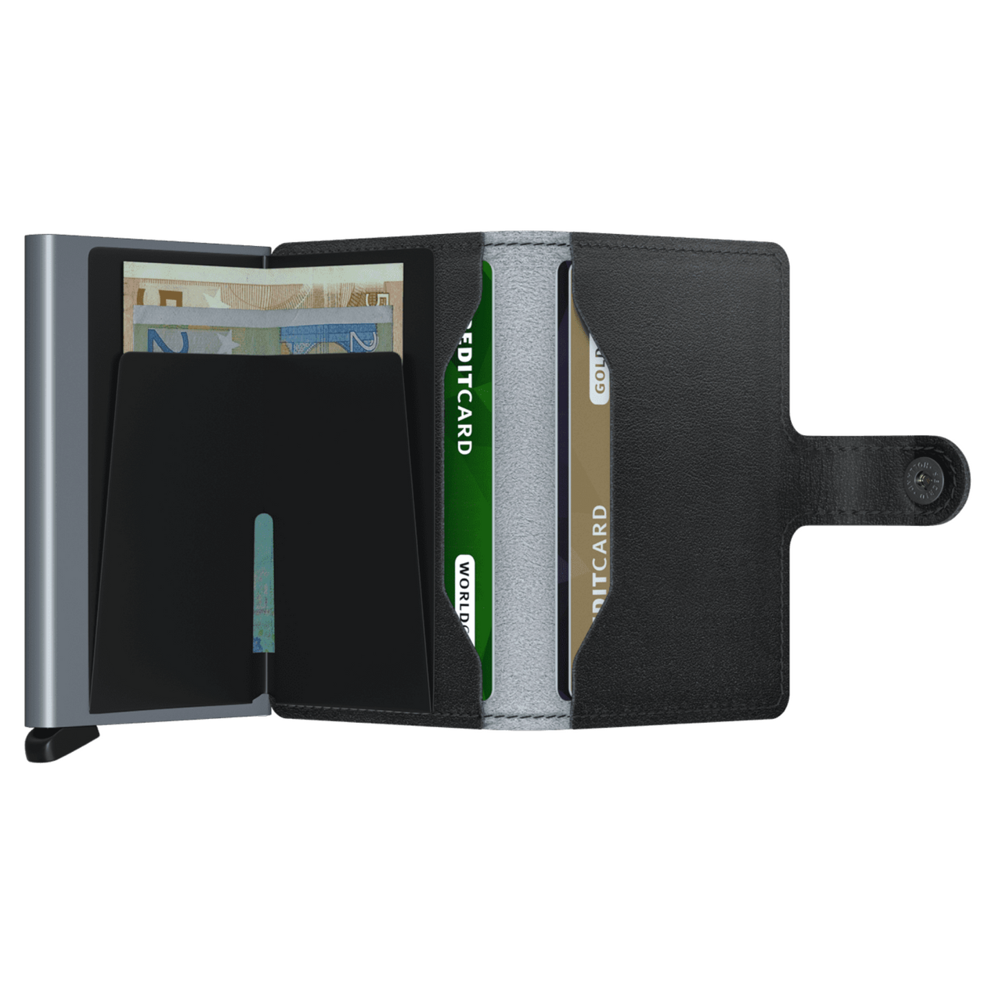 With the cardprotector pulled back, another card slot and bank-note area is revealed, which sits to the left of the other card holder and button tab closure.