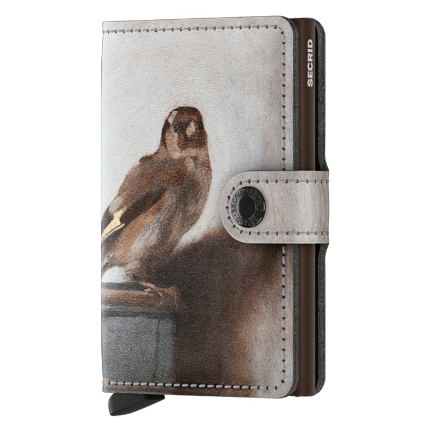 A wallet featuring Fabritius's "The Goldfinch" is pictured with brown metallic inner and beige grey button closure.