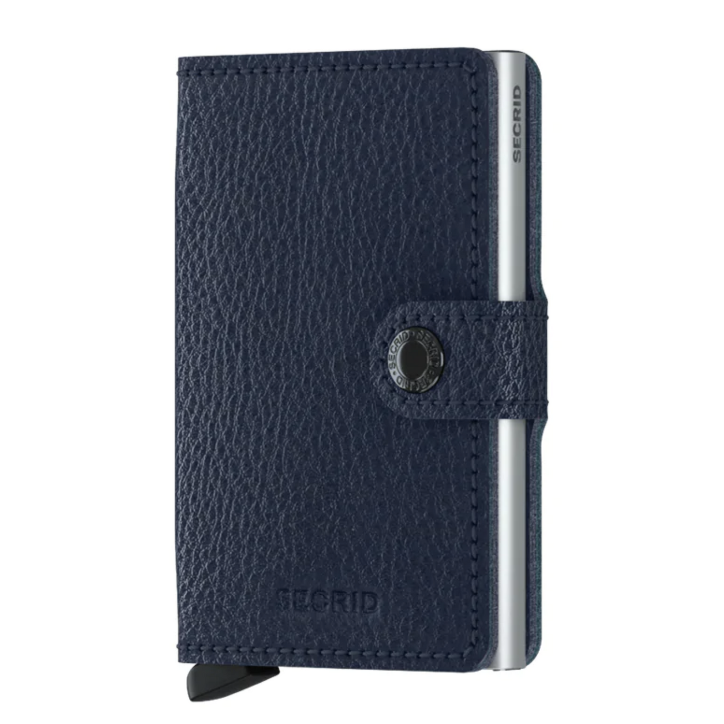 This is a photo of the wallet in the color veg silver navy. This photo shows the leather texture of the wallet and the strap to secure it shut.