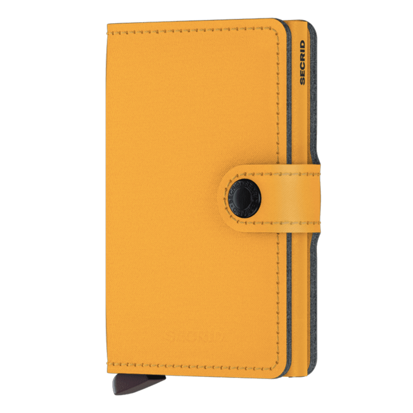 A photo of the wallet in the colour yard ochre. This photo shows the unique design of the wallet with the strap to secure the wallet closed.