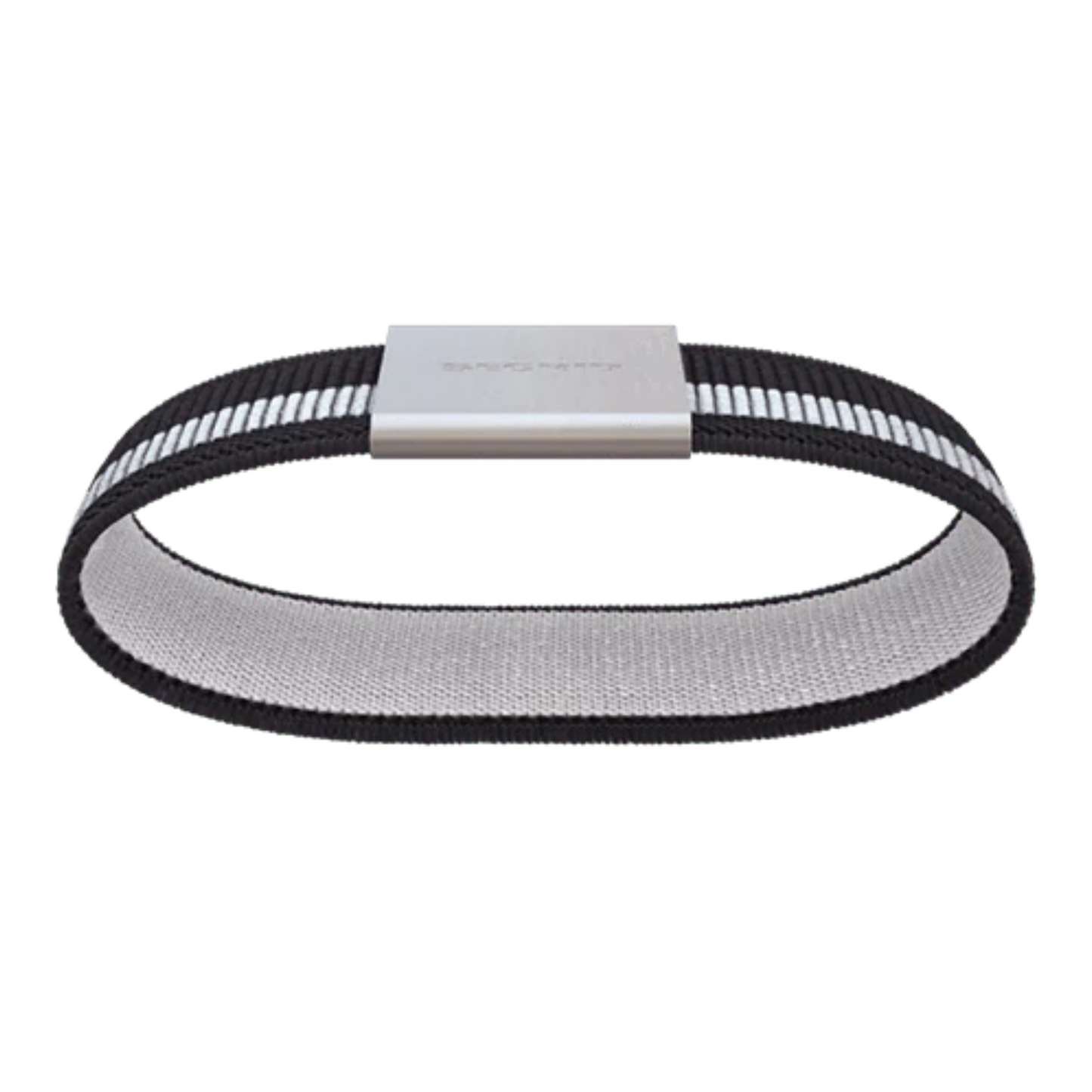 The black and white band is pictured from below revealing the light grey lining. The silver metal buckle sits on the top of the loop.
