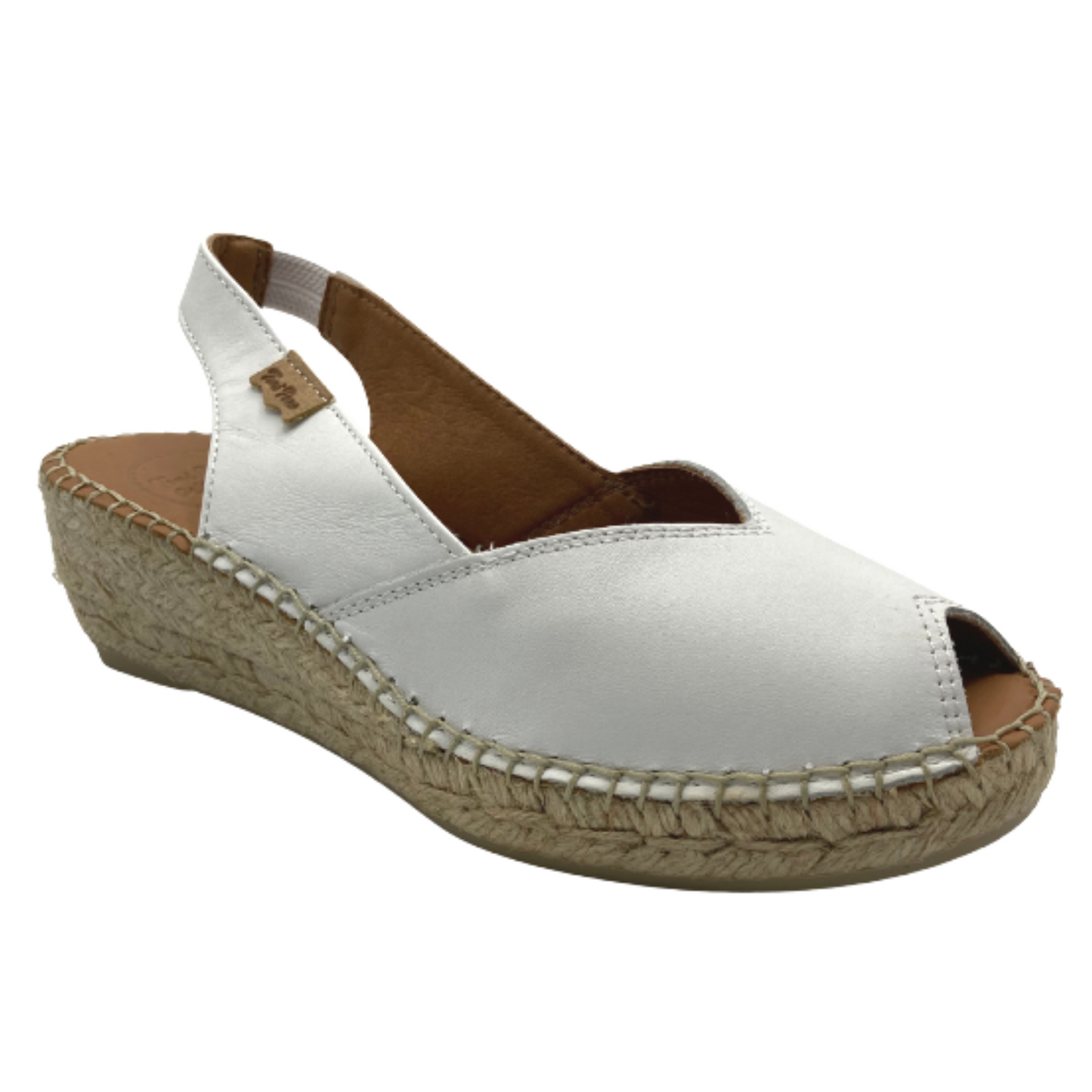 Angled front view of a whte espadrille sandal with a peep toe opening and heel strap. Shown in white