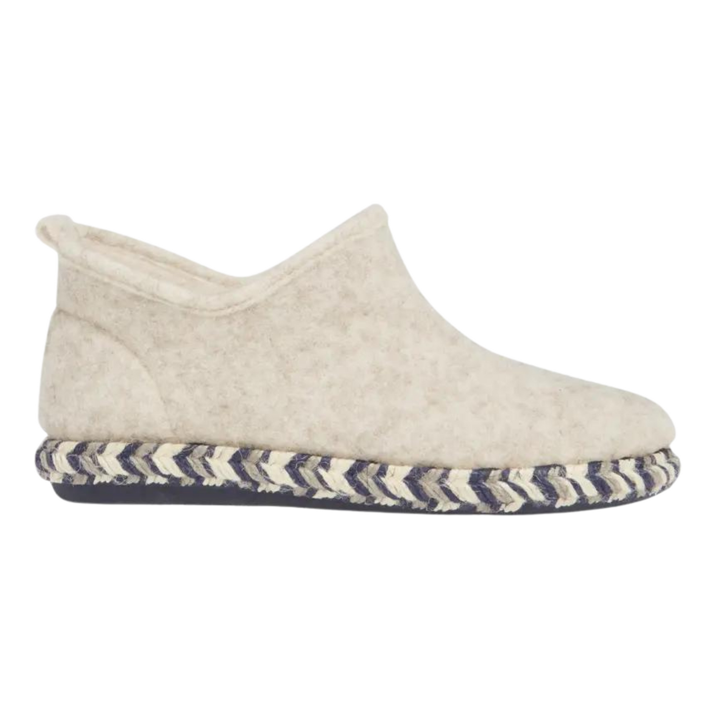 Profile image of a cream coloured slipper with chevron stitched sole with black, white, and beige threads.