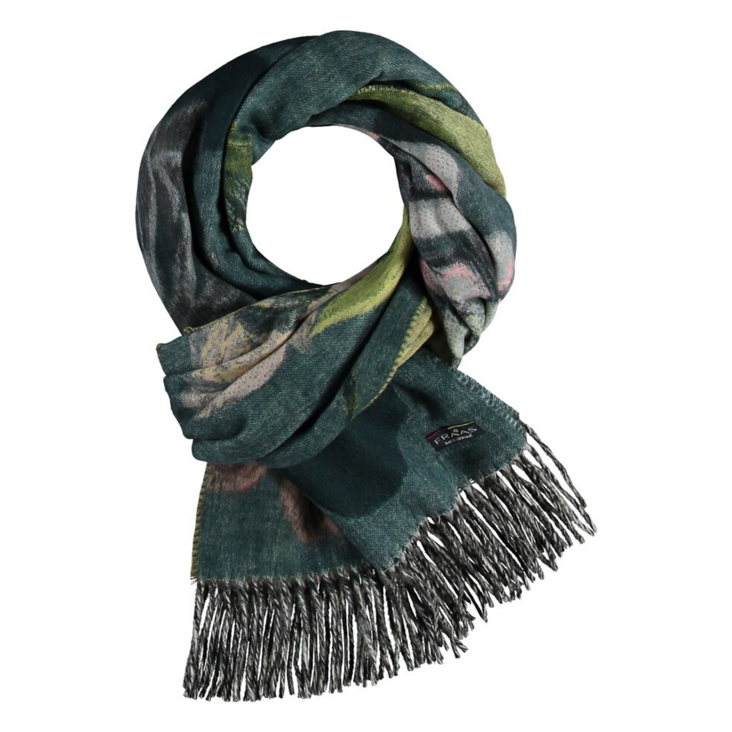 A blue green scarf with light green and pink is tied up, with mixed green and white tassels lining the bottom.