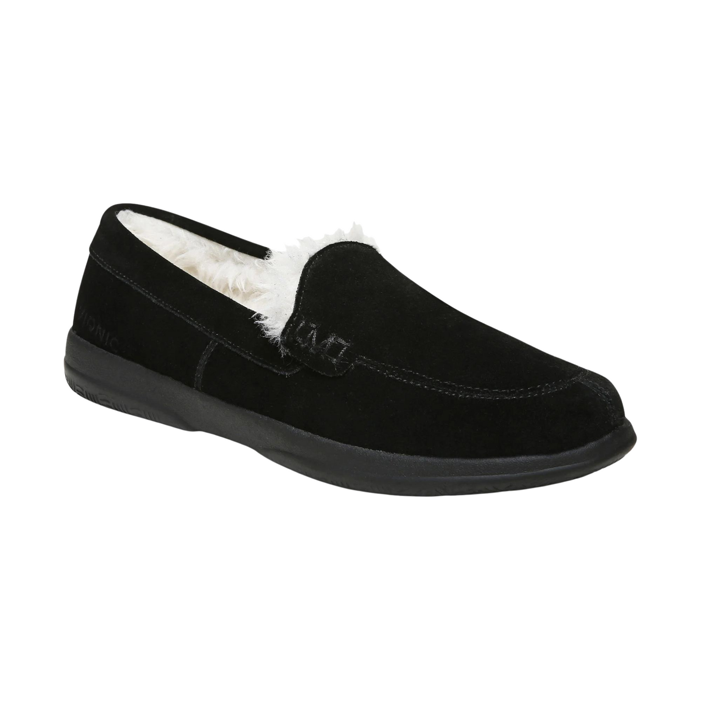 A 45 degree angle view of a black suede slipper with a plush white interior.