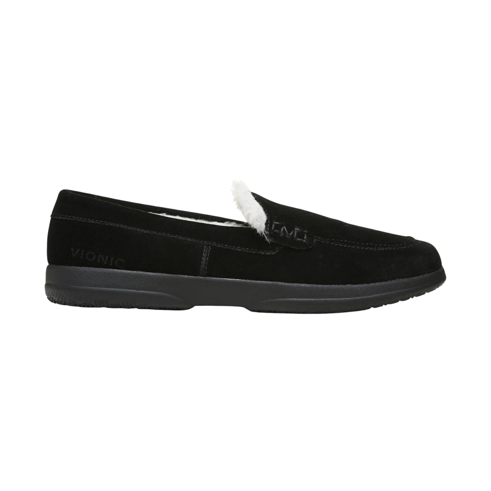 A right side view of a black suede slipper with a plush white interior.