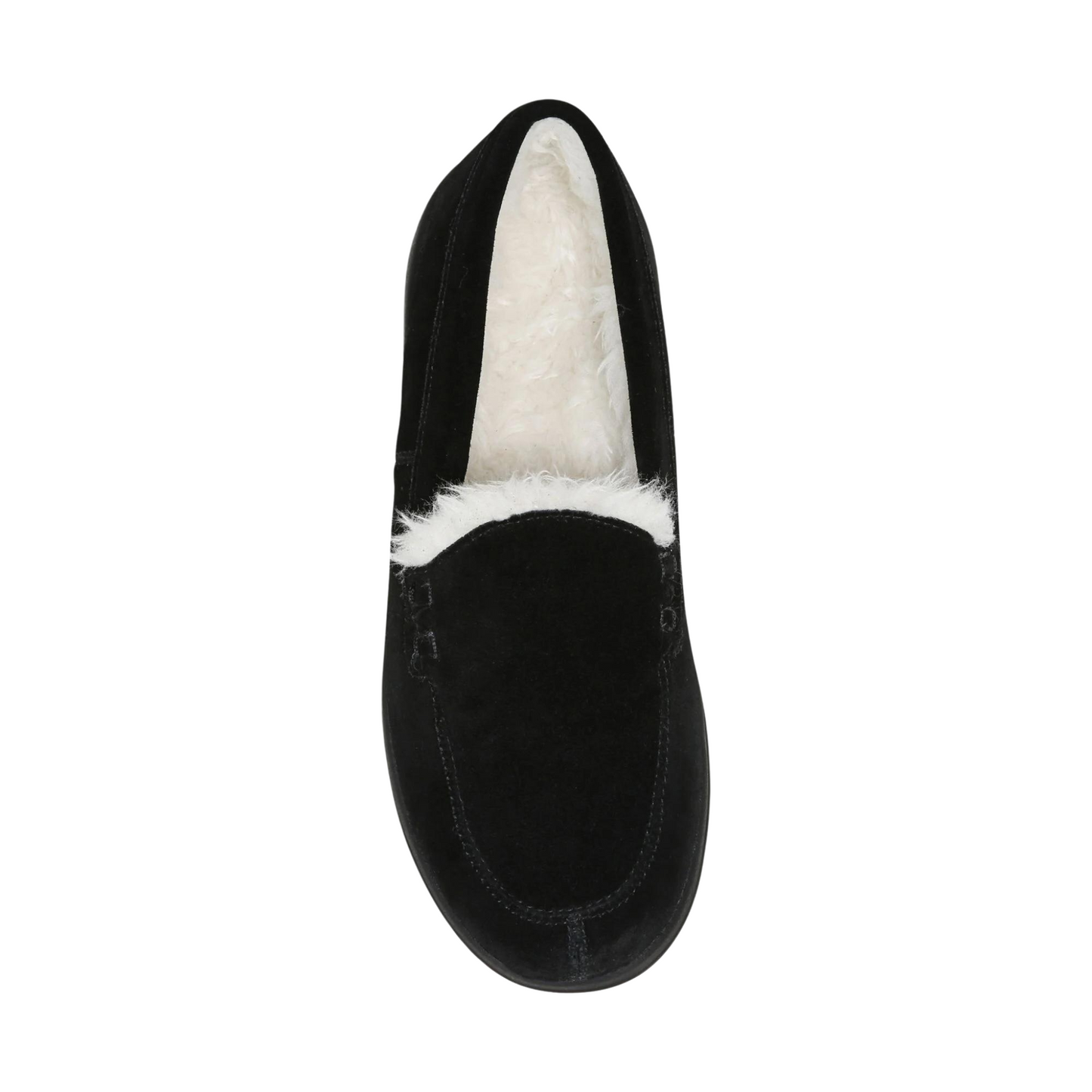 A top view of a black suede slipper with a plush white interior.