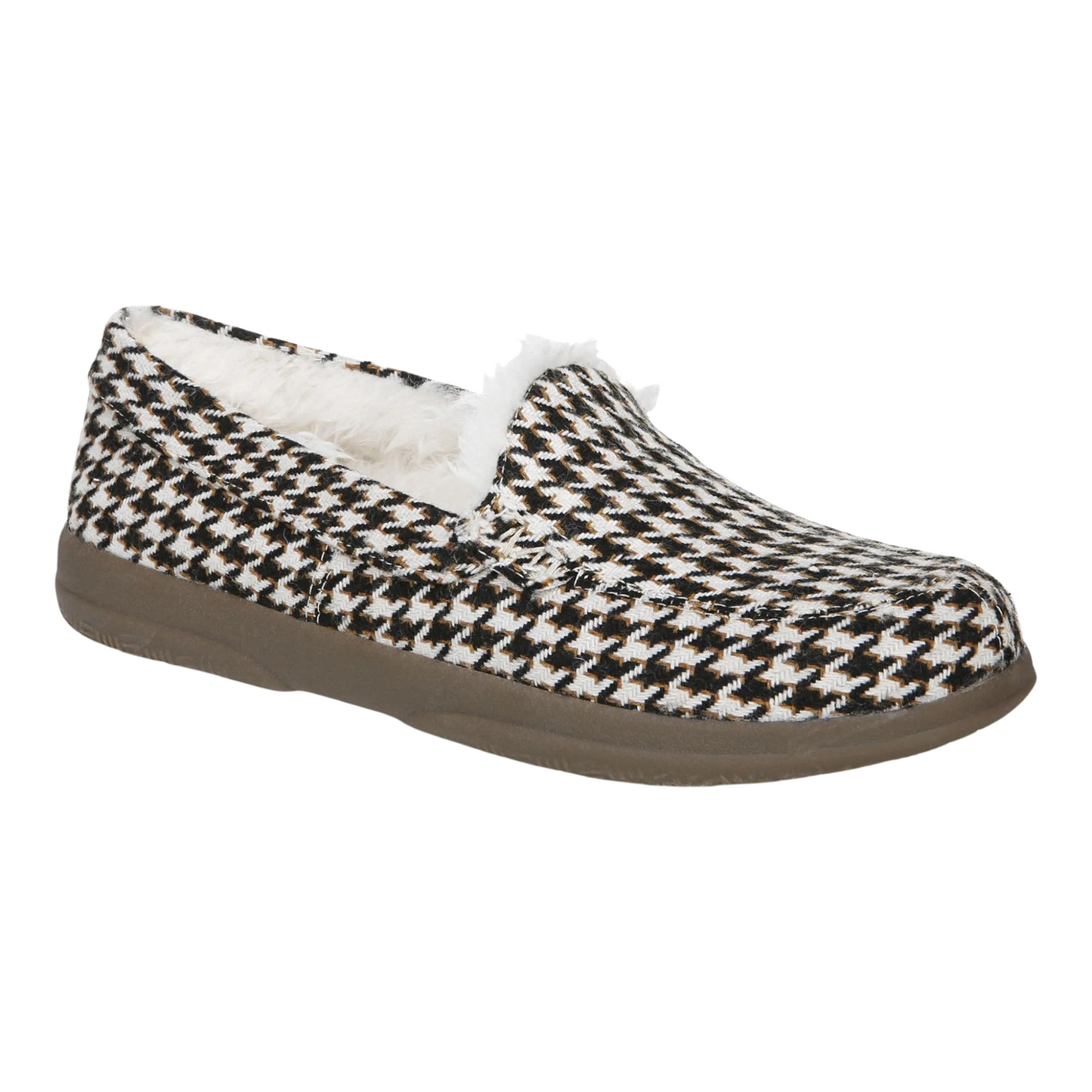 A 45 degree angle view of a slipper with a plush interior and white/brown patterned exterior.