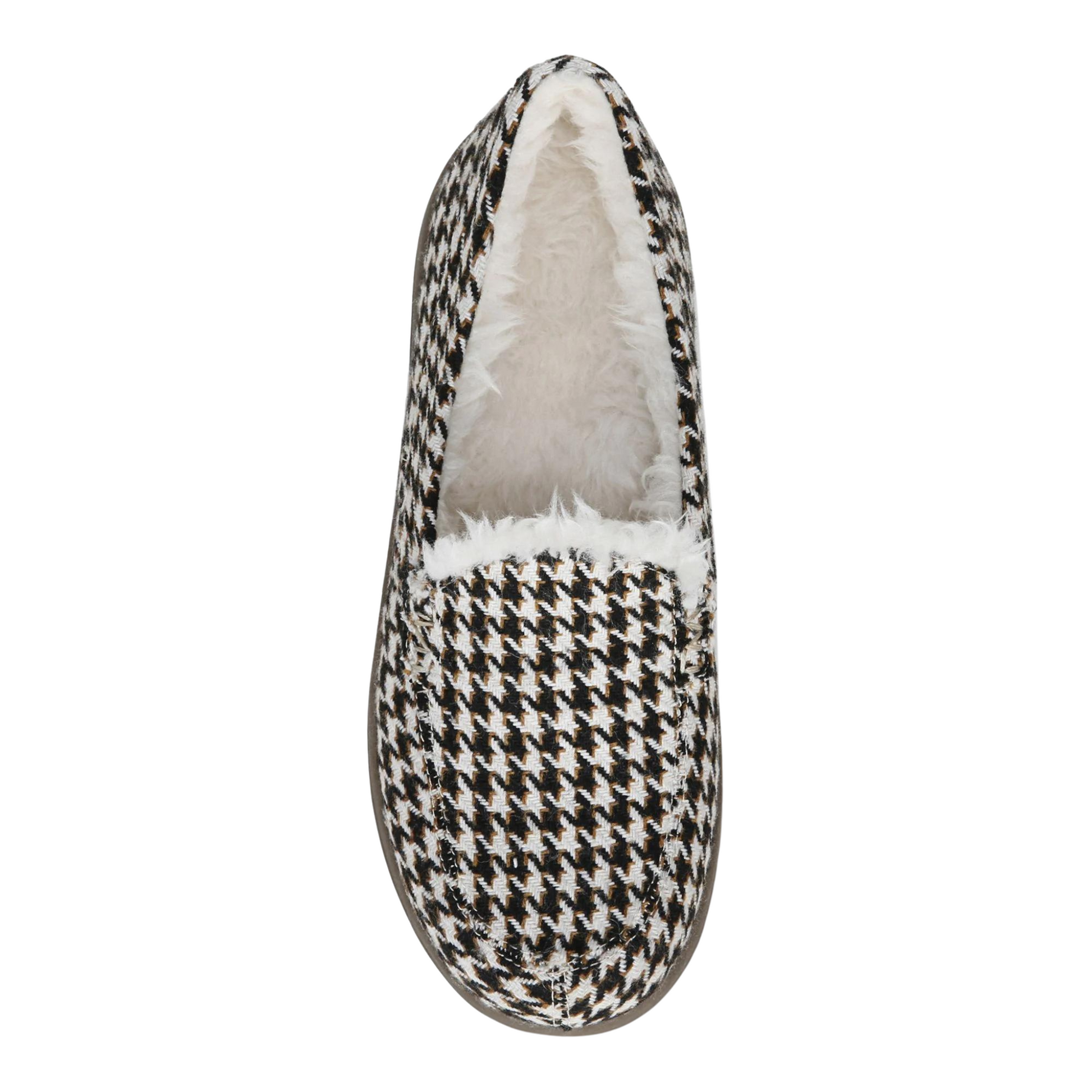 A top view of a slipper with a plush interior and white/brown patterned exterior.