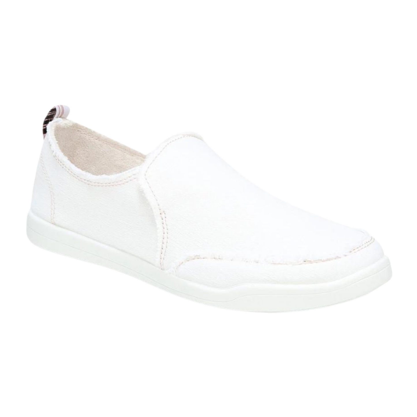 A right angle view of a white canvas sneaker with pink stitching.