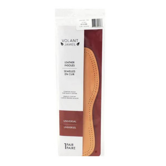 A front view of a package of leather insoles, with dark red accents and black text.