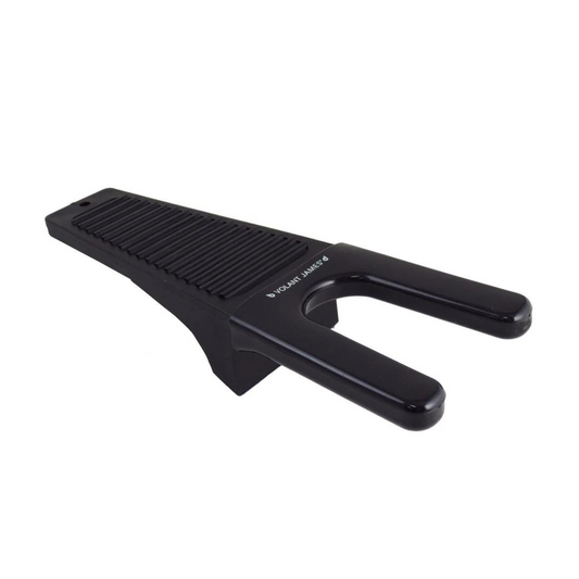 A right angle view of a black boot jack.