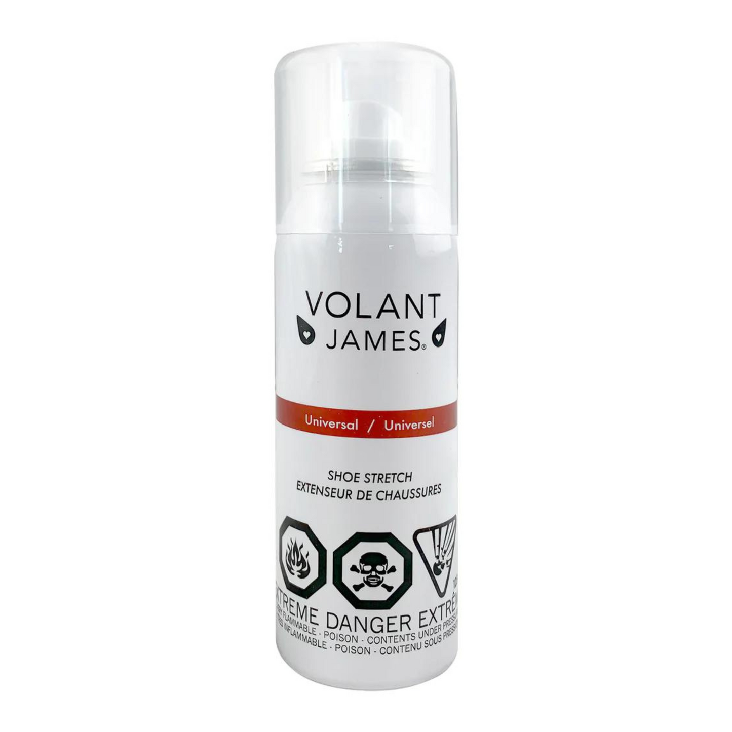 A front view of a white can of shoe stretch.