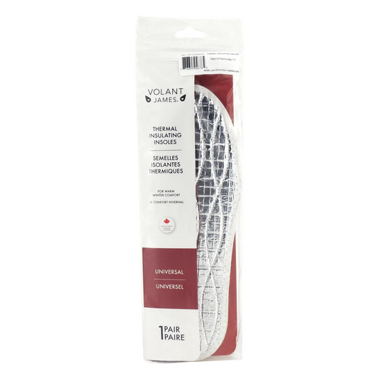 The front of a package of thermal insoles, with dark red accents and black text.