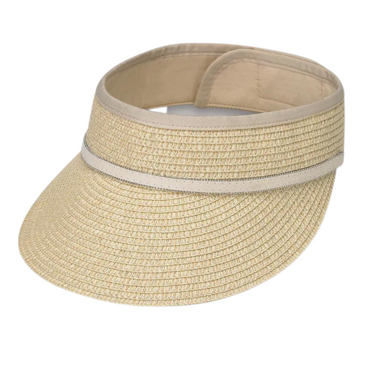 Visor pictured from the front featuring a natural light beige weave material with fabric trim in a creamier beige. The interior of the head band has a the same creamy beige fabric lining with a curved velcro attachment at the back.